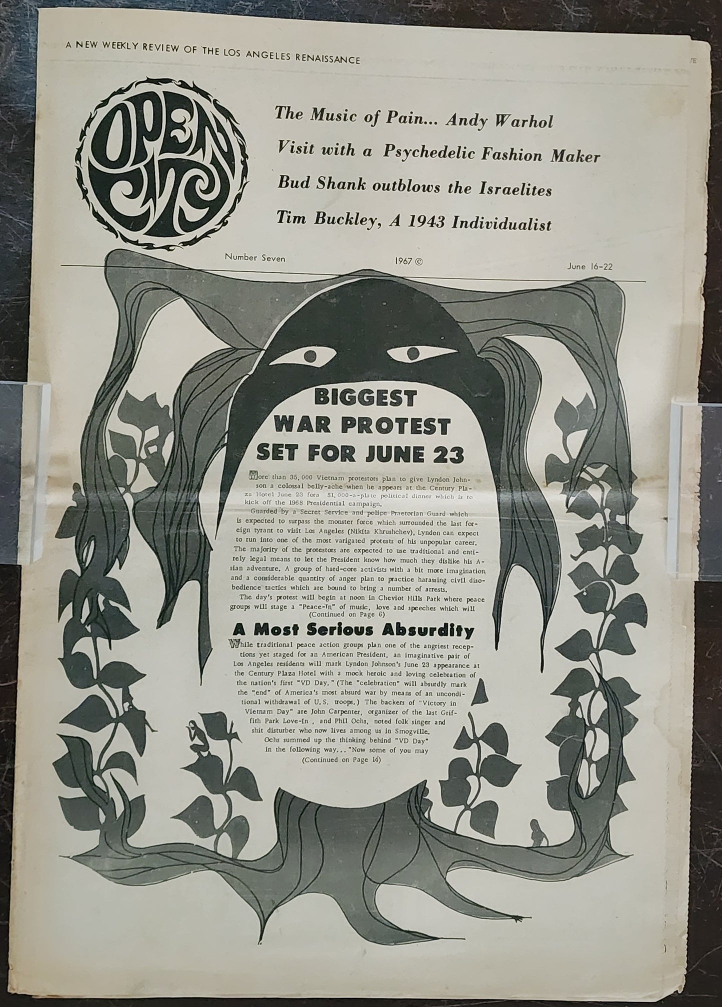 OPEN CITY No. 7, June 16–22, 1967 — Bukowski, Either/Or Bookstore Bukowski Books Ad, Monterey Pop Festival, Tim Buckley, Andy Warhol, Phil Ochs