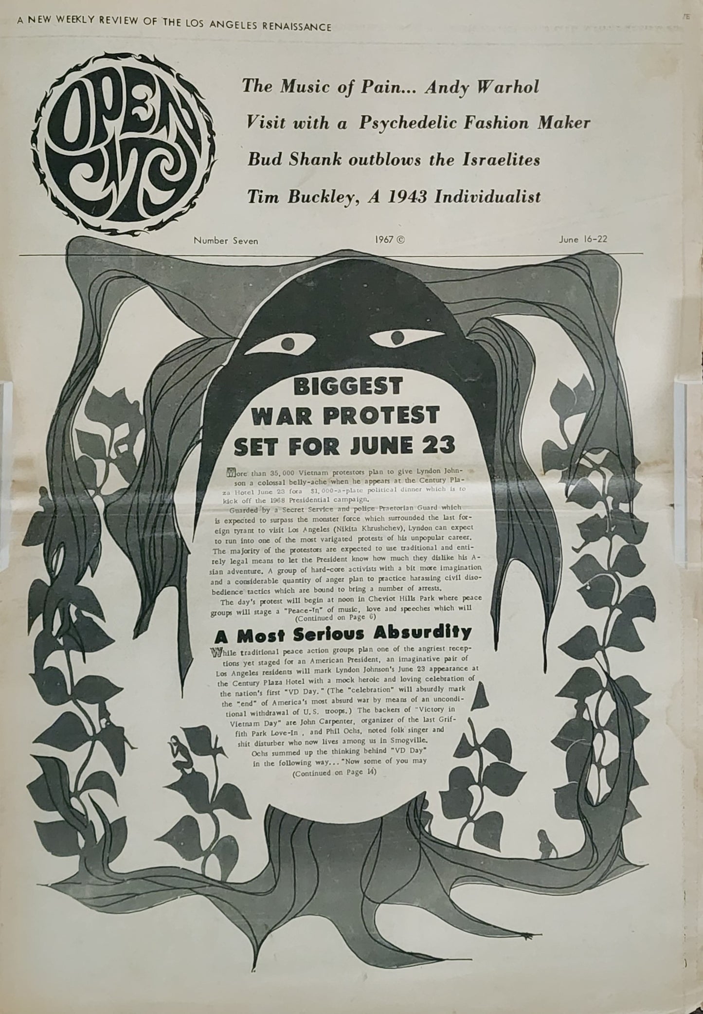 OPEN CITY No. 7, June 16–22, 1967 — Bukowski, Either/Or Bookstore Bukowski Books Ad, Monterey Pop Festival, Tim Buckley, Andy Warhol, Phil Ochs