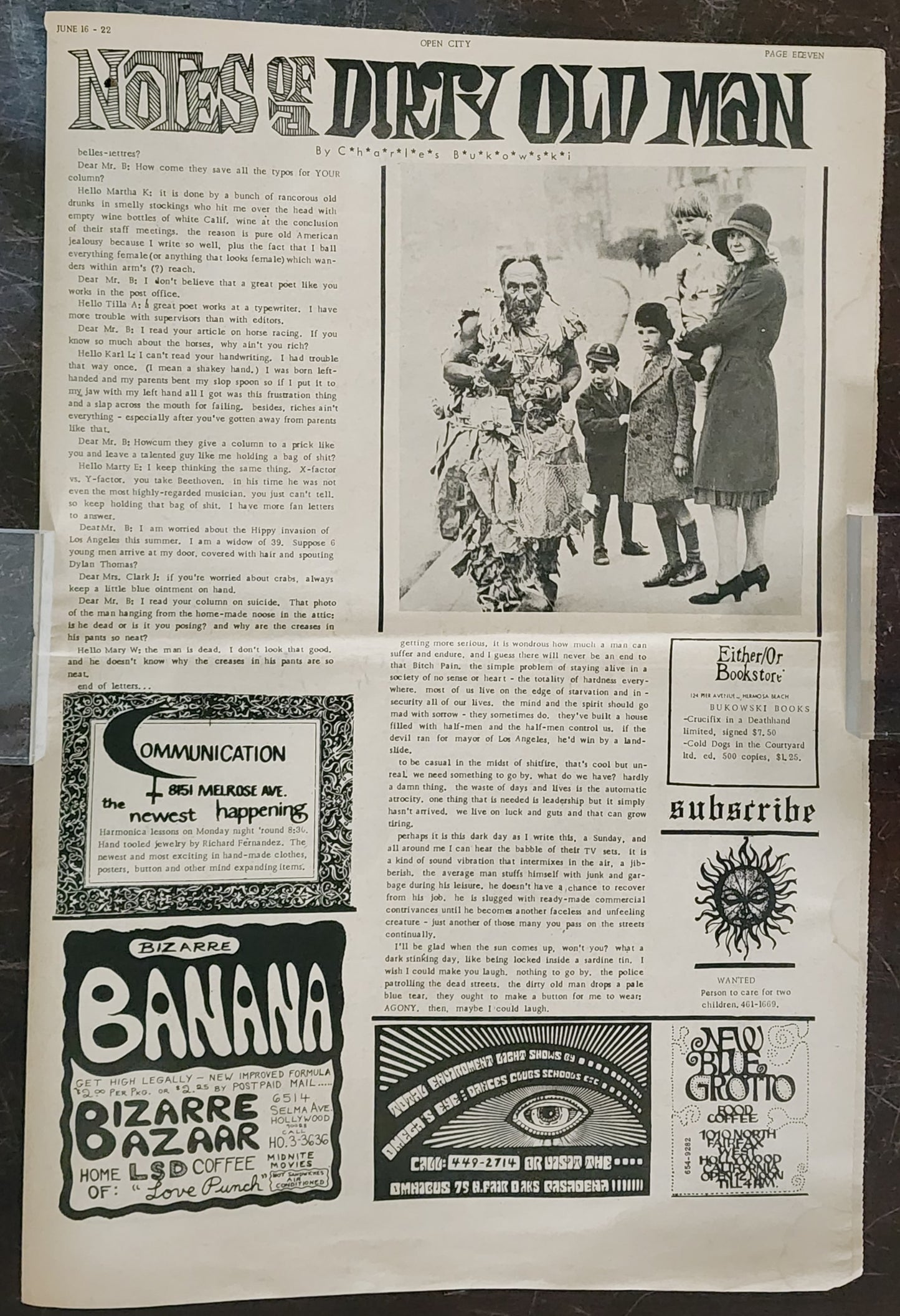 OPEN CITY No. 7, June 16–22, 1967 — Bukowski, Either/Or Bookstore Bukowski Books Ad, Monterey Pop Festival, Tim Buckley, Andy Warhol, Phil Ochs