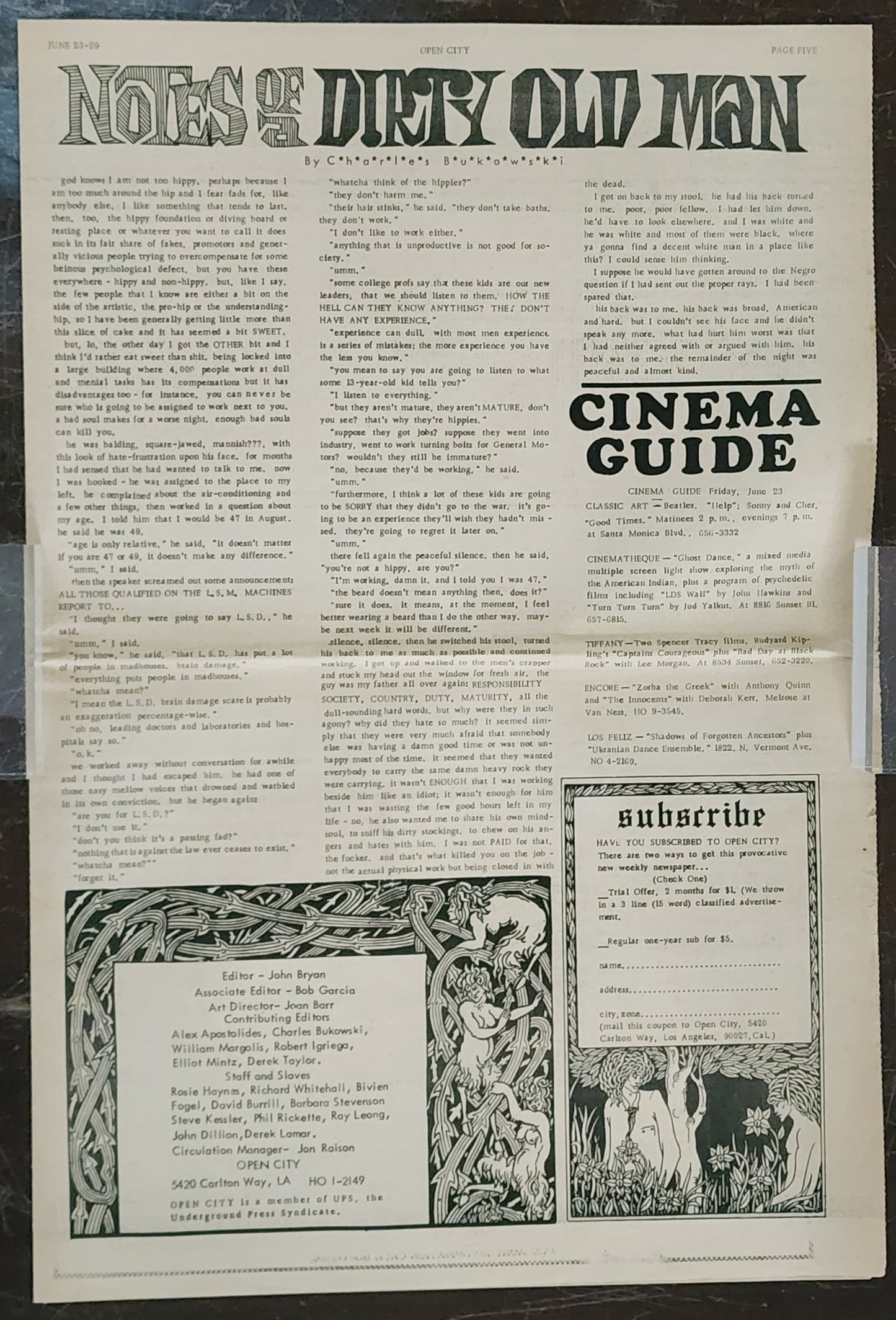 OPEN CITY No. 8, June 23–29, 1967 — Bukowski Notes and Poem, Monterey Pop Festival, Angry Arts Poetry Supplement