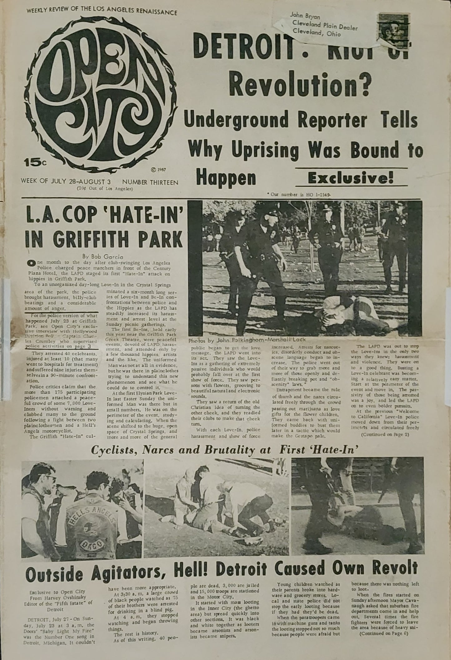 OPEN CITY No. 13, July 28–Aug. 3, 1967 — Bukowski Notes, Detroit Riots, Nina Simone, Simon & Garfunkel, Paul Butterfield Blues Band
