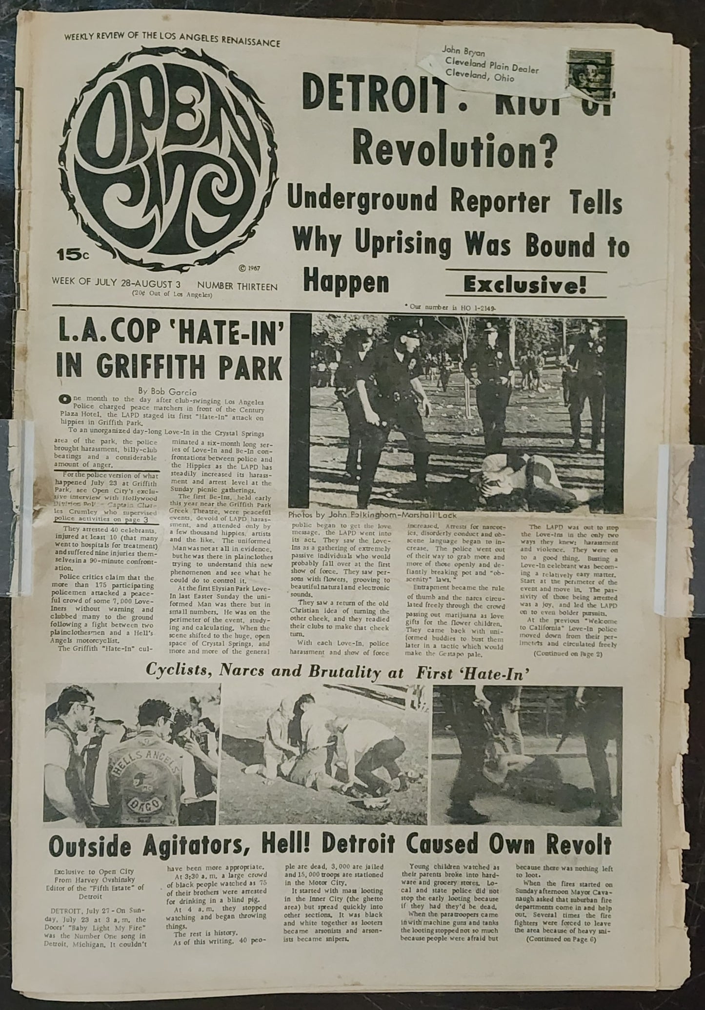 OPEN CITY No. 13, July 28–Aug. 3, 1967 — Bukowski Notes, Detroit Riots, Nina Simone, Simon & Garfunkel, Paul Butterfield Blues Band