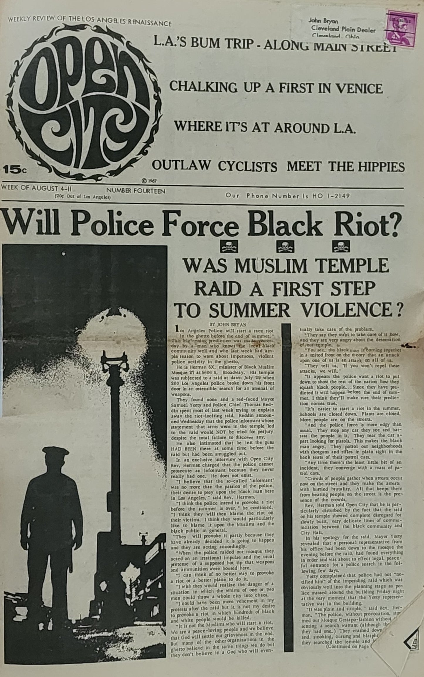 OPEN CITY No. 14, Aug. 4–11, 1967 — Bukowski on American Poetry, Either/Or Bookstore Bukowski Books Ad, Hell's Angels, Muslim Temple Raid