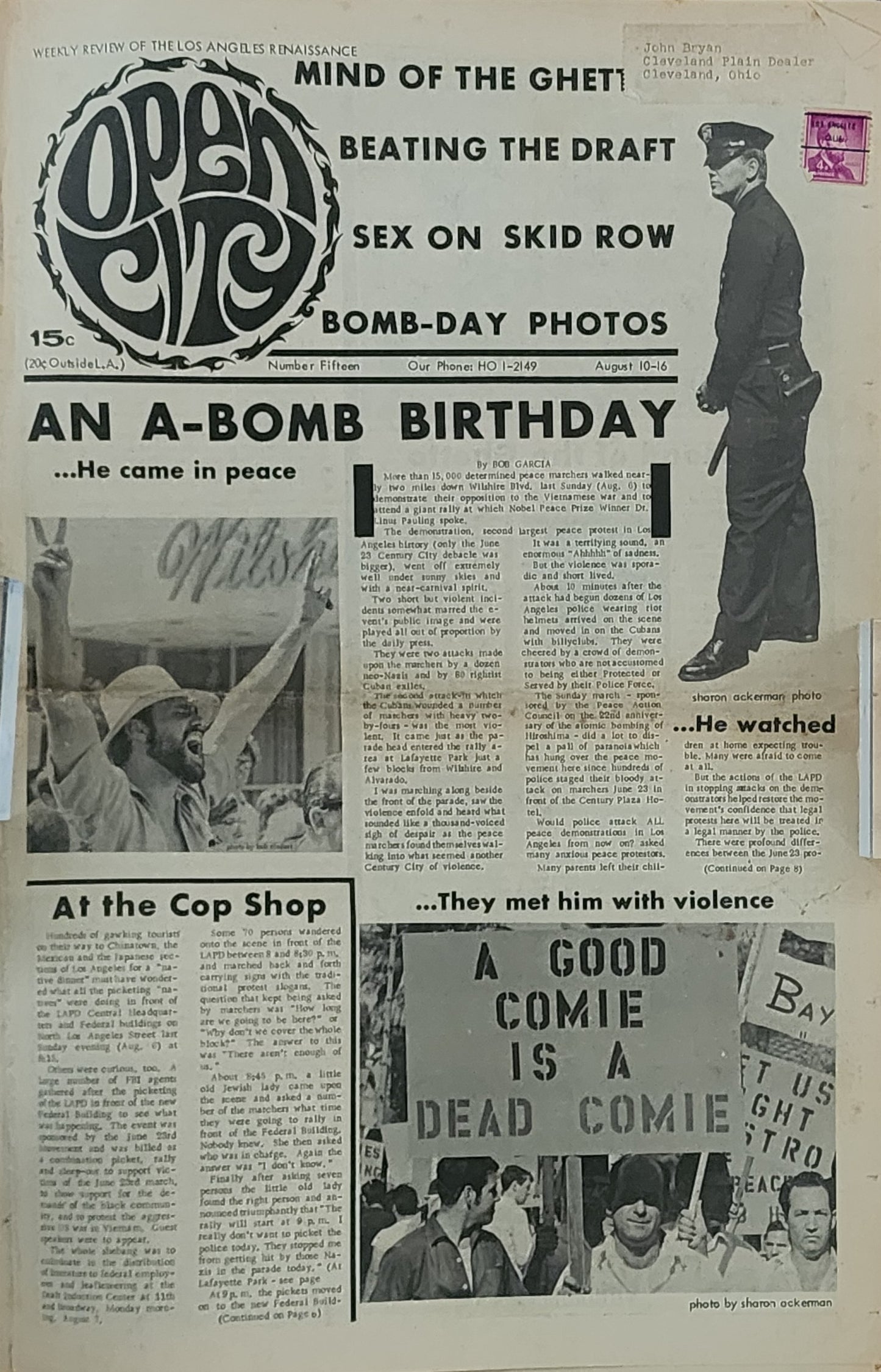 OPEN CITY No. 15, Aug. 10–16, 1967 — Bukowski Notes, Hiroshima Day March, Dr. Linus Pauling, How to Beat the Draft