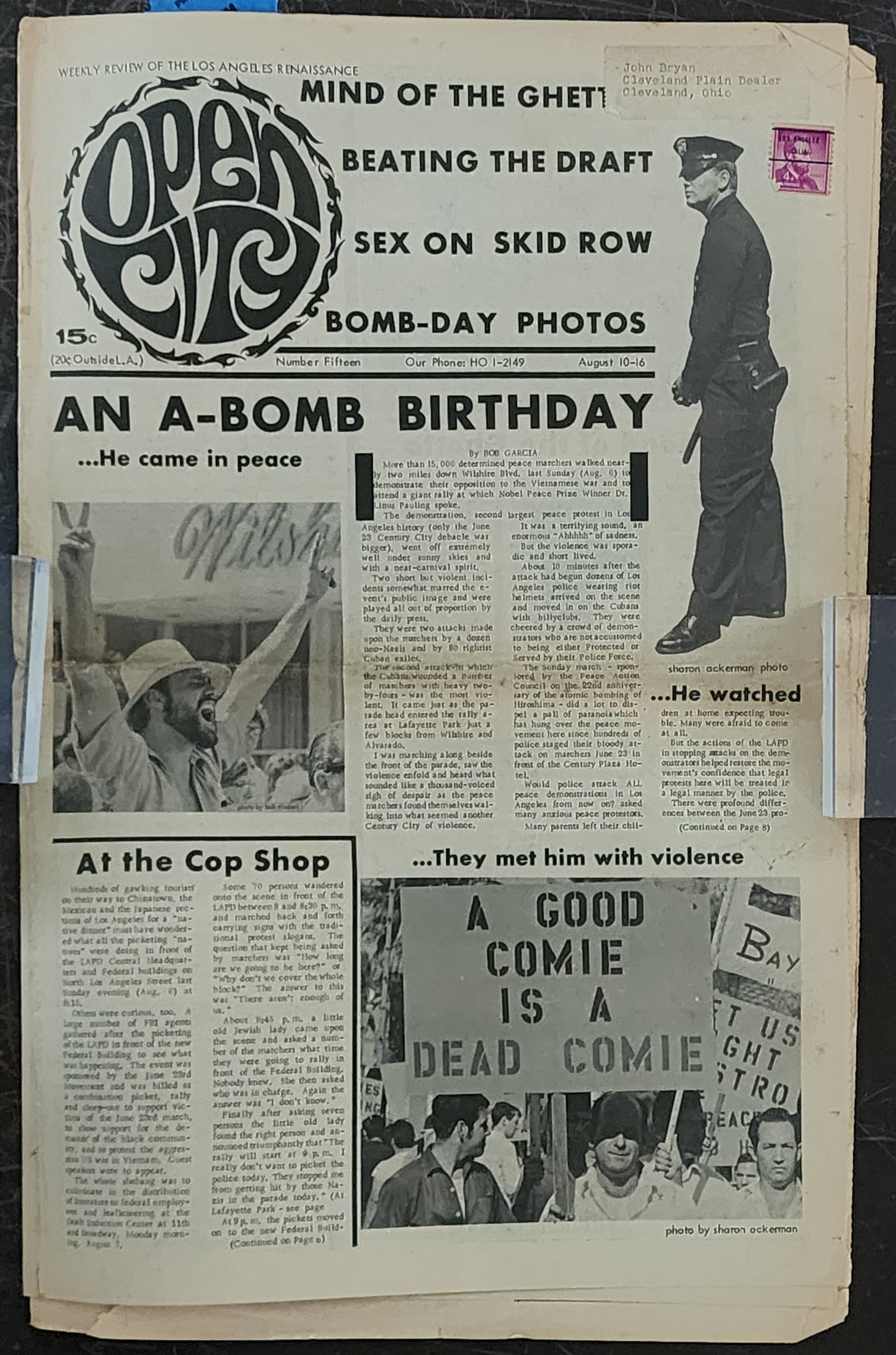 OPEN CITY No. 15, Aug. 10–16, 1967 — Bukowski Notes, Hiroshima Day March, Dr. Linus Pauling, How to Beat the Draft