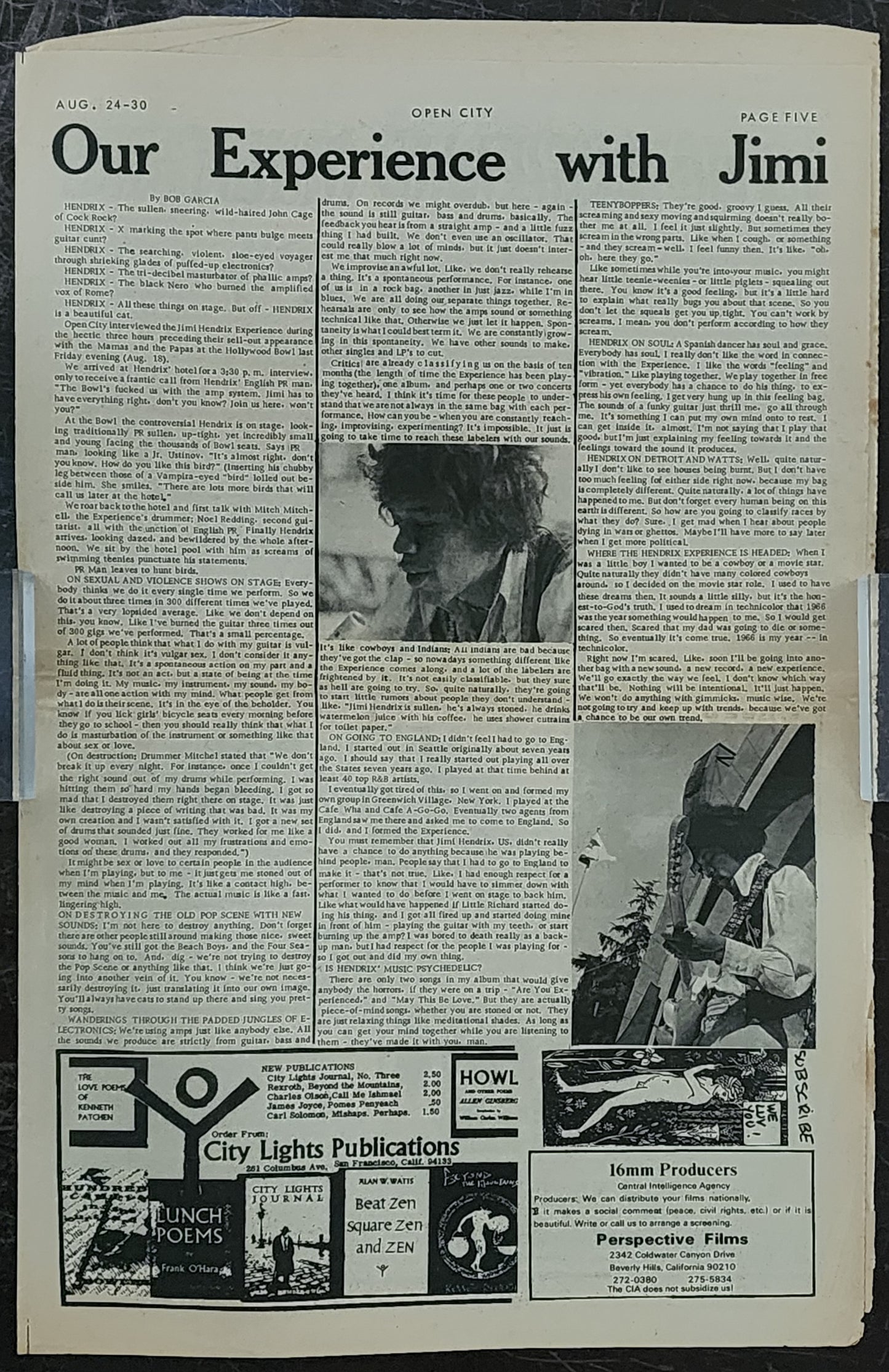 OPEN CITY No. 17, Aug. 24–30, 1967 — Bukowski Notes, The Doors at the Whisky, Jimi Hendrix Experience, Griffith Park Love-In