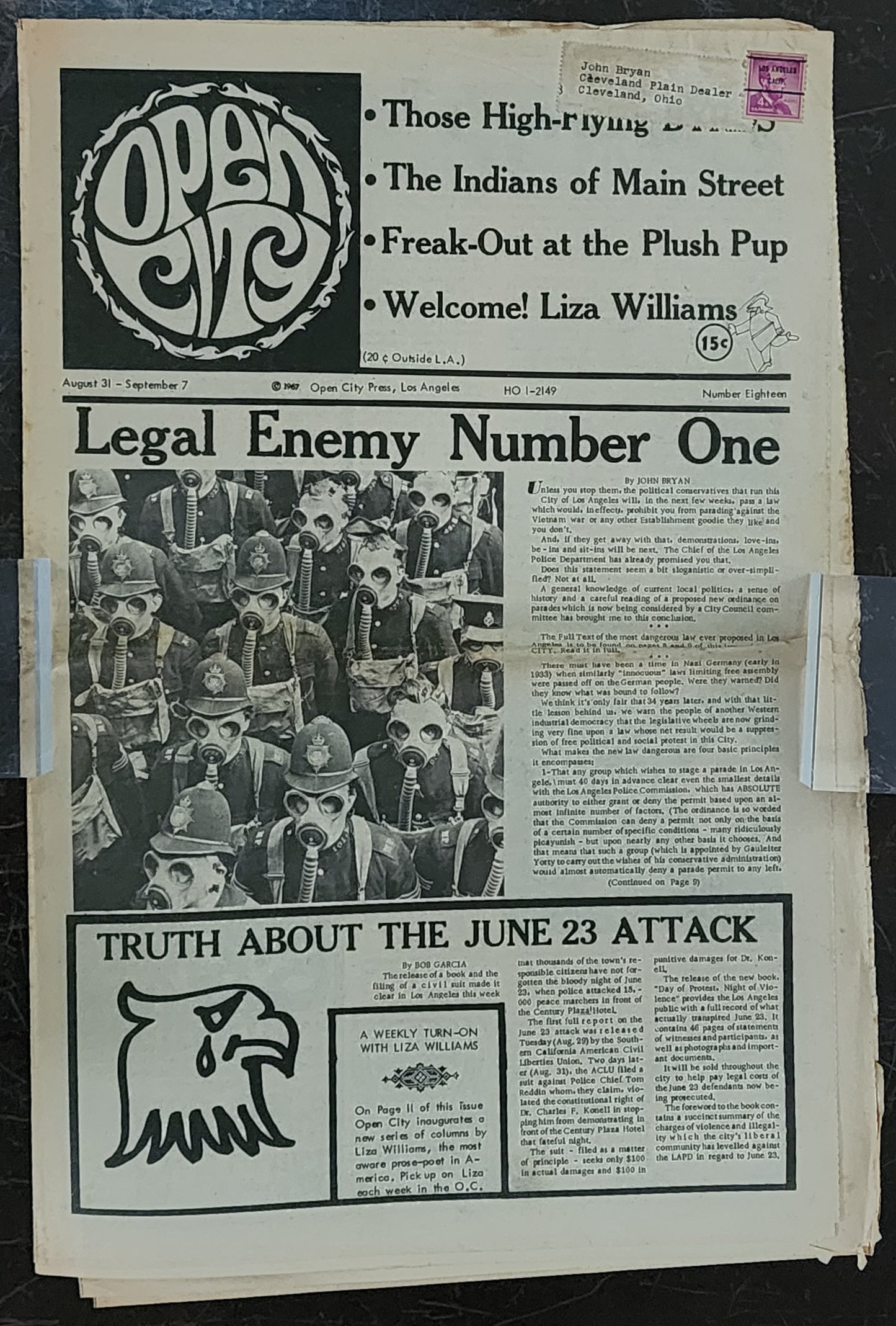 OPEN CITY No. 18, Aug. 31–Sept. 7, 1967 — NO BUKOWSKI COLUMN. Liza Williams' Debut Column, The Byrds, Taj Mahal, Donovan