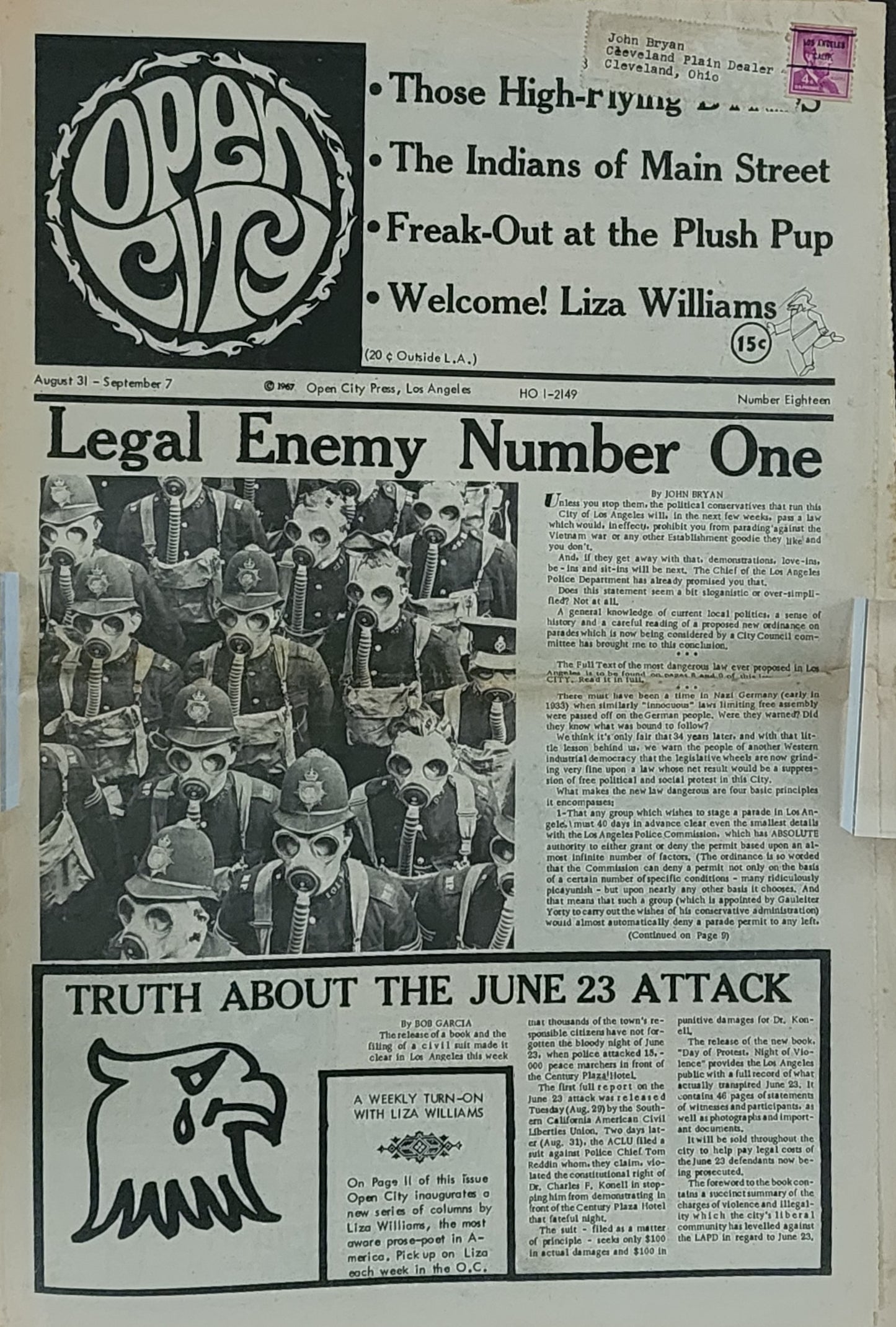 OPEN CITY No. 18, Aug. 31–Sept. 7, 1967 — NO BUKOWSKI COLUMN. Liza Williams' Debut Column, The Byrds, Taj Mahal, Donovan