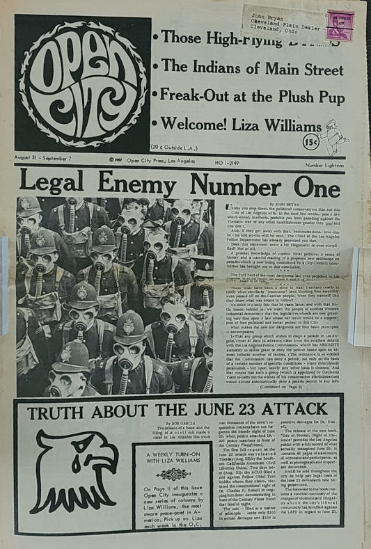 OPEN CITY No. 18, Aug. 31–Sept. 7, 1967 — NO BUKOWSKI COLUMN. Liza Williams' Debut Column, The Byrds, Taj Mahal, Donovan