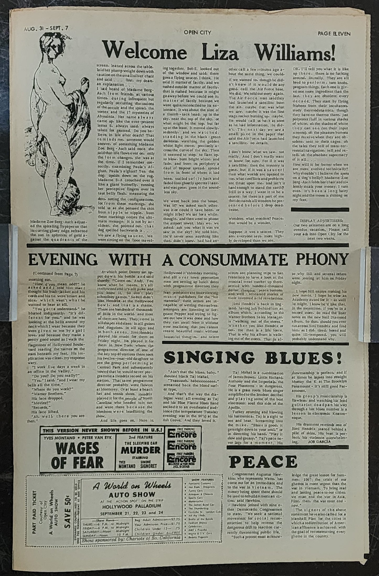 OPEN CITY No. 18, Aug. 31–Sept. 7, 1967 — NO BUKOWSKI COLUMN. Liza Williams' Debut Column, The Byrds, Taj Mahal, Donovan