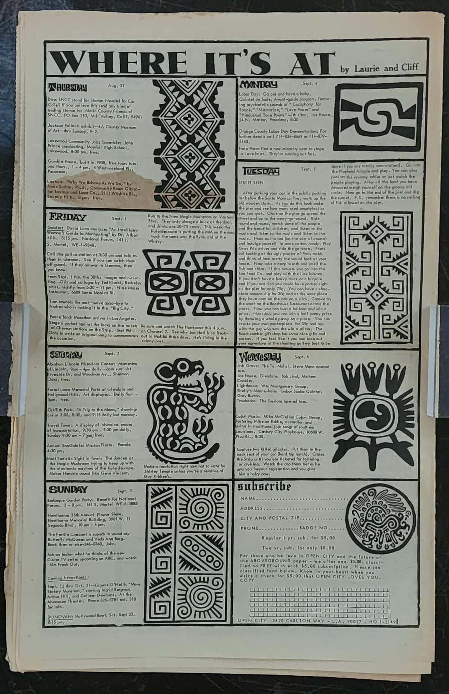 OPEN CITY No. 18, Aug. 31–Sept. 7, 1967 — NO BUKOWSKI COLUMN. Liza Williams' Debut Column, The Byrds, Taj Mahal, Donovan