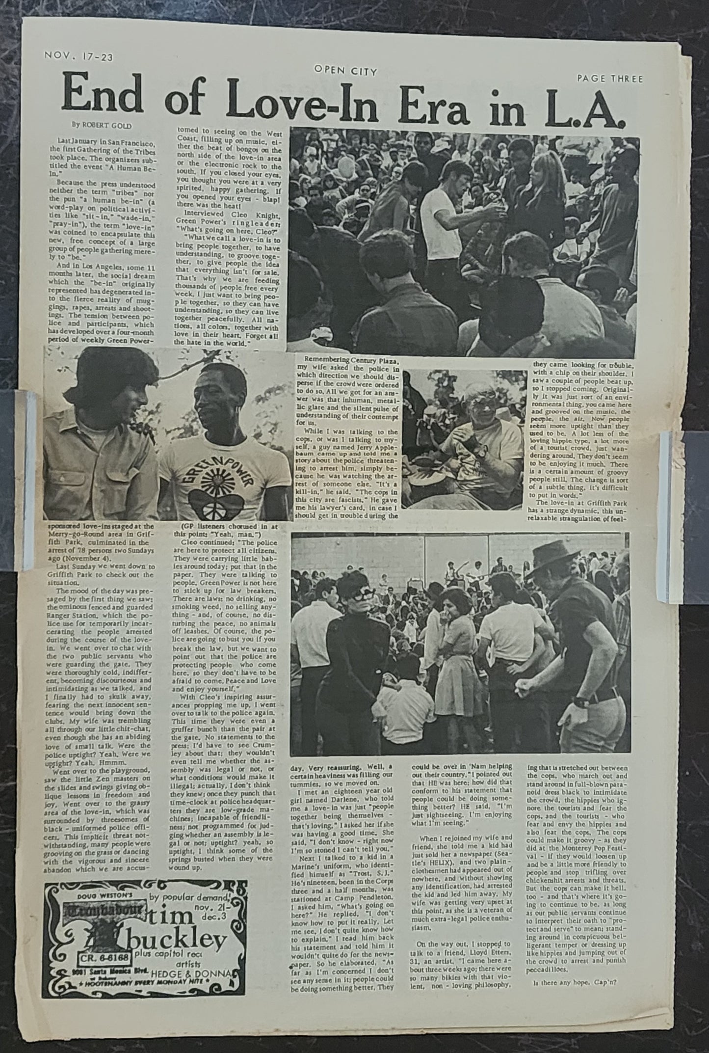 OPEN CITY No. 29, Nov. 17–23, 1967 — Bukowski on Barbara Frye, Canned Heat, Ramblin' Jack Elliott, Tim Buckley, End of the Love-In Era