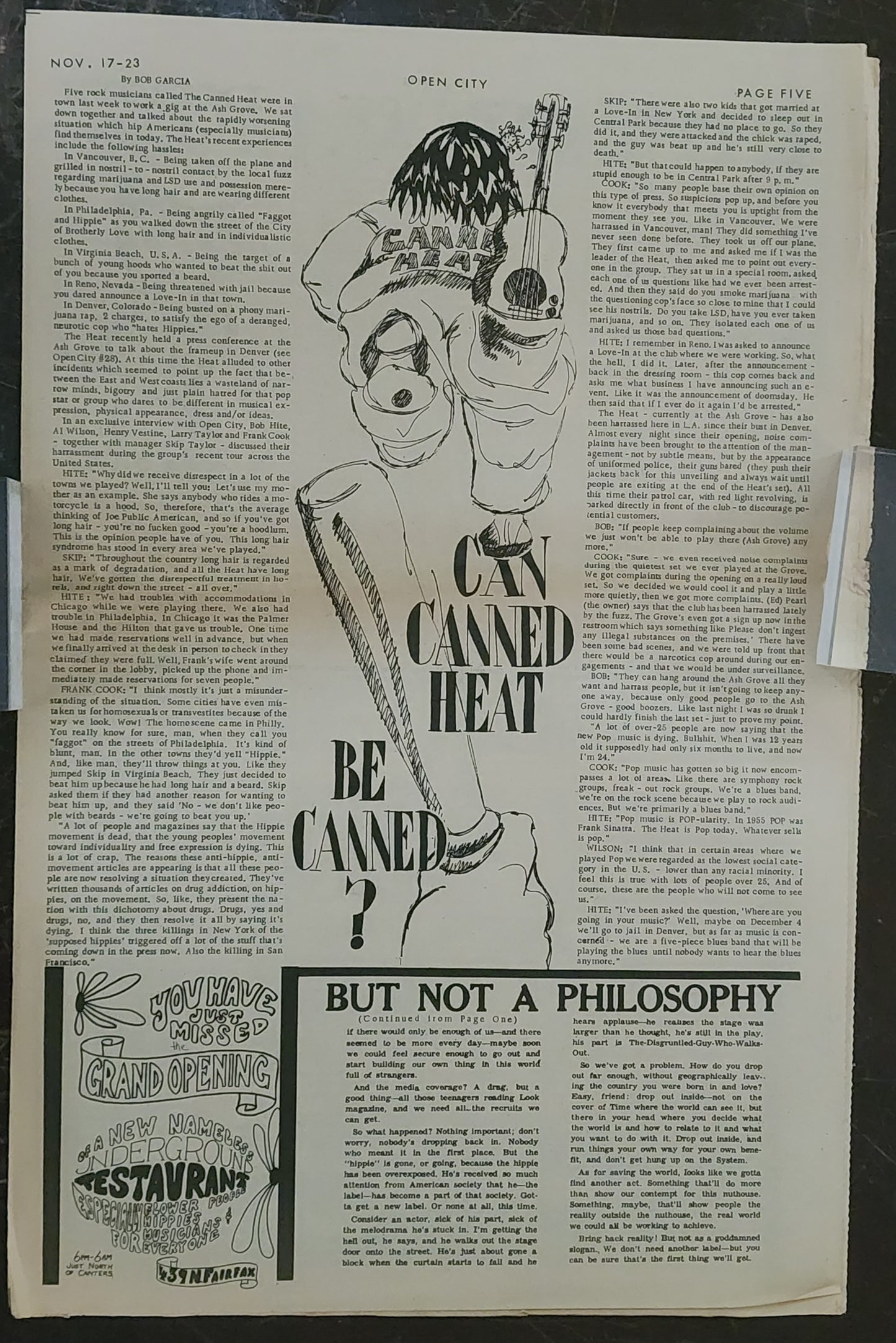 OPEN CITY No. 29, Nov. 17–23, 1967 — Bukowski on Barbara Frye, Canned Heat, Ramblin' Jack Elliott, Tim Buckley, End of the Love-In Era