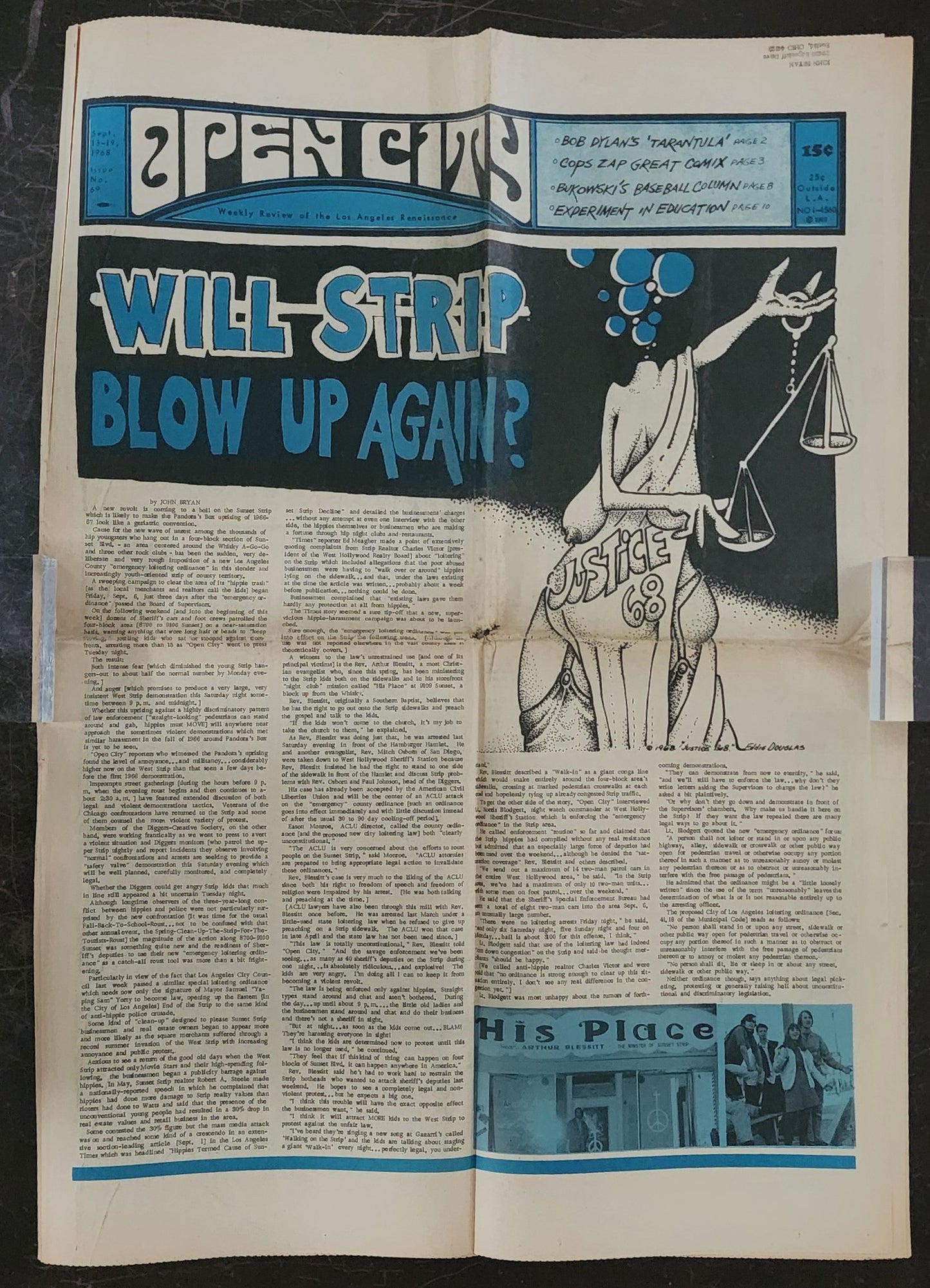 OPEN CITY No. 69, Sept. 13–19, 1968 — Bukowski Baseball Column, Cops Zap Underground Comix, Crumb, Bob Dylan's Tarantula, , Gabor Szabo, Cannonball Adderley, Muddy Waters