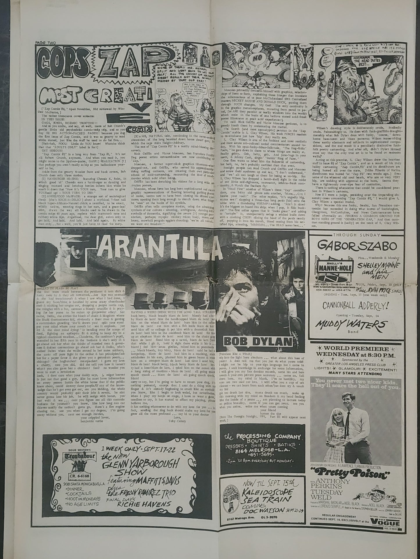 OPEN CITY No. 69, Sept. 13–19, 1968 — Bukowski Baseball Column, Cops Zap Underground Comix, Crumb, Bob Dylan's Tarantula, , Gabor Szabo, Cannonball Adderley, Muddy Waters