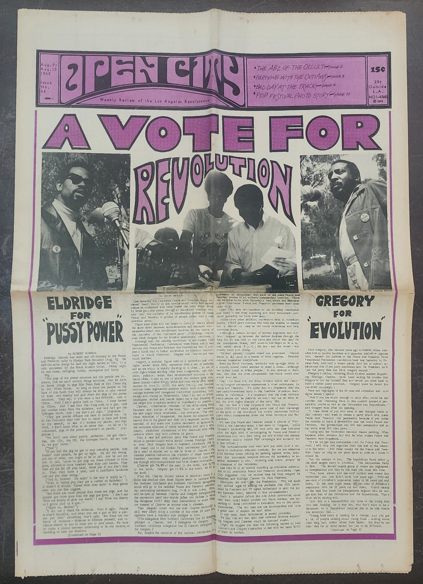 OPEN CITY No. 64, Aug. 9–15, 1968 — Bukowski at the Races and the Olympic Auditorium, Eldridge Cleaver, Dick Gregory, Newport Pop Festival, Jim Morrison