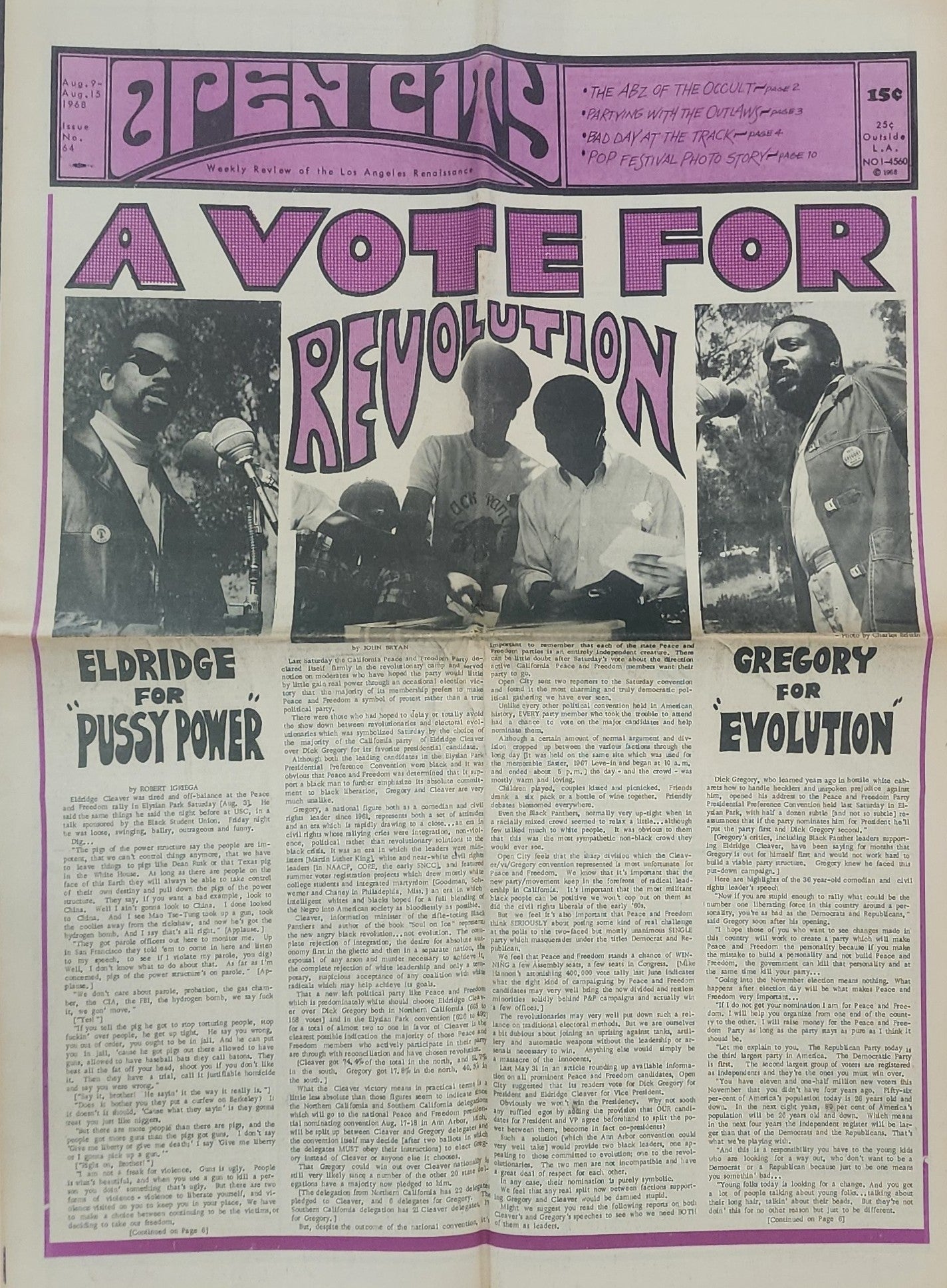 OPEN CITY No. 64, Aug. 9–15, 1968 — Bukowski at the Races and the Olympic Auditorium, Eldridge Cleaver, Dick Gregory, Newport Pop Festival, Jim Morrison