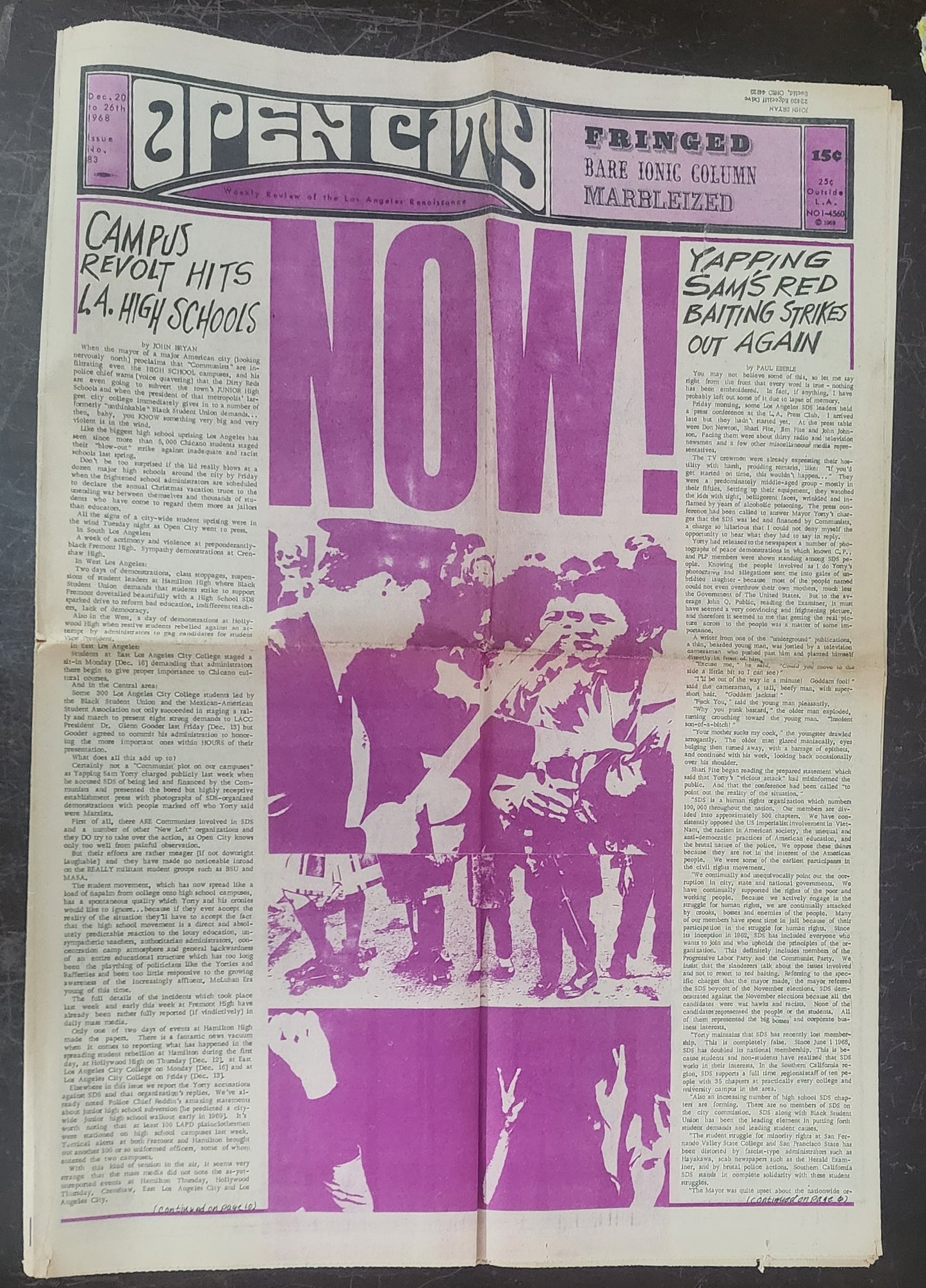 OPEN CITY No. 83, Dec. 20–26, 1968 — Bukowski Notes, The Doors Forum Review,  Eldridge Cleaver Centerfold Poster, Grateful Dead, Country Joe, Everly Brothers, Andy Warhol