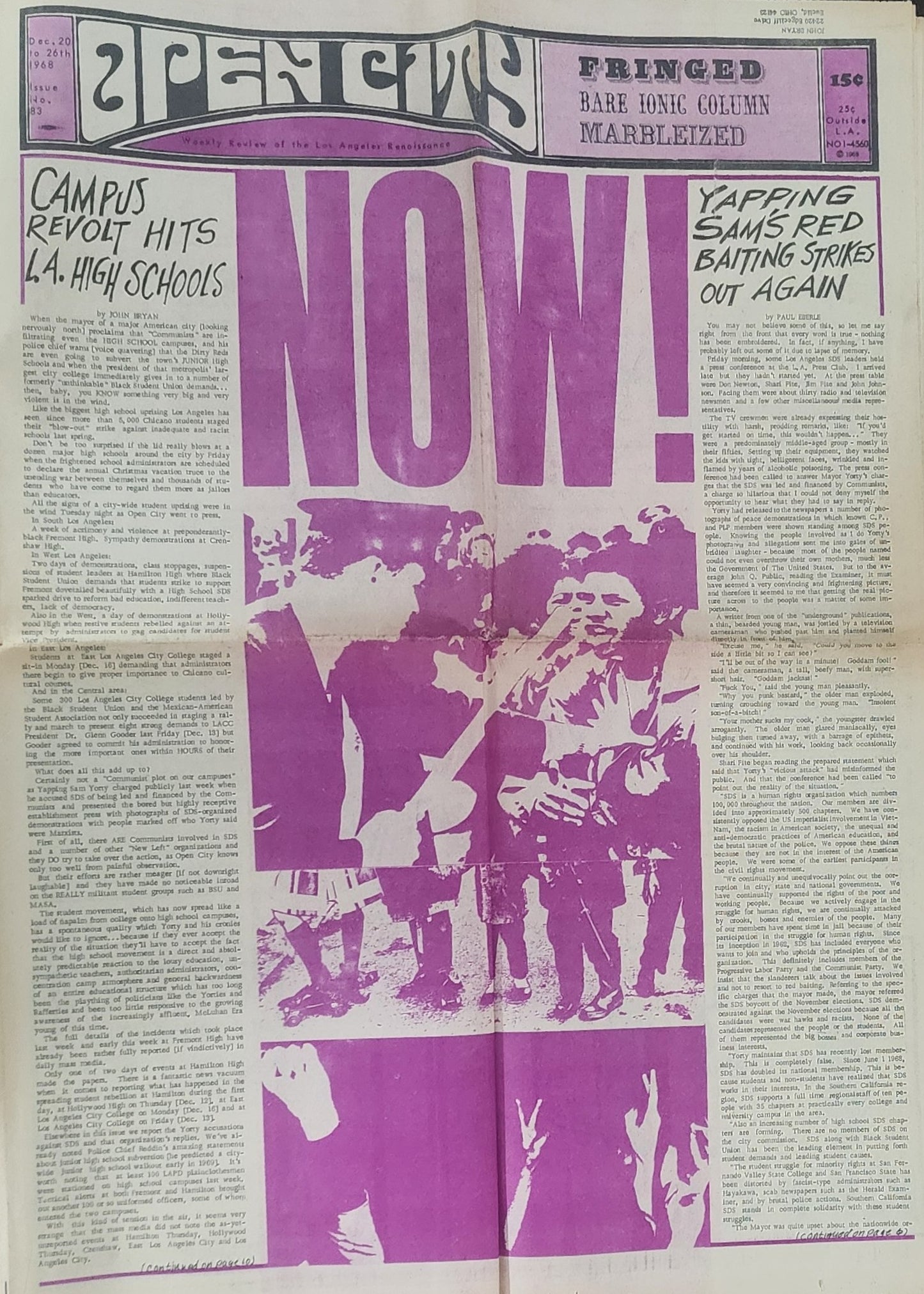 OPEN CITY No. 83, Dec. 20–26, 1968 — Bukowski Notes, The Doors Forum Review,  Eldridge Cleaver Centerfold Poster, Grateful Dead, Country Joe, Everly Brothers, Andy Warhol