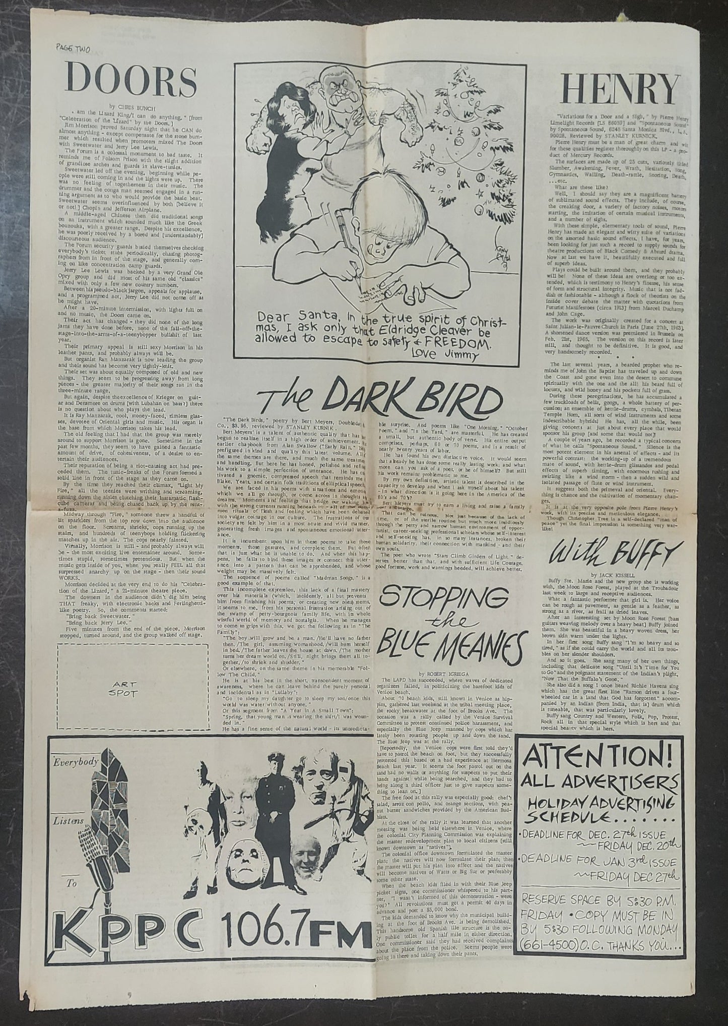 OPEN CITY No. 83, Dec. 20–26, 1968 — Bukowski Notes, The Doors Forum Review,  Eldridge Cleaver Centerfold Poster, Grateful Dead, Country Joe, Everly Brothers, Andy Warhol