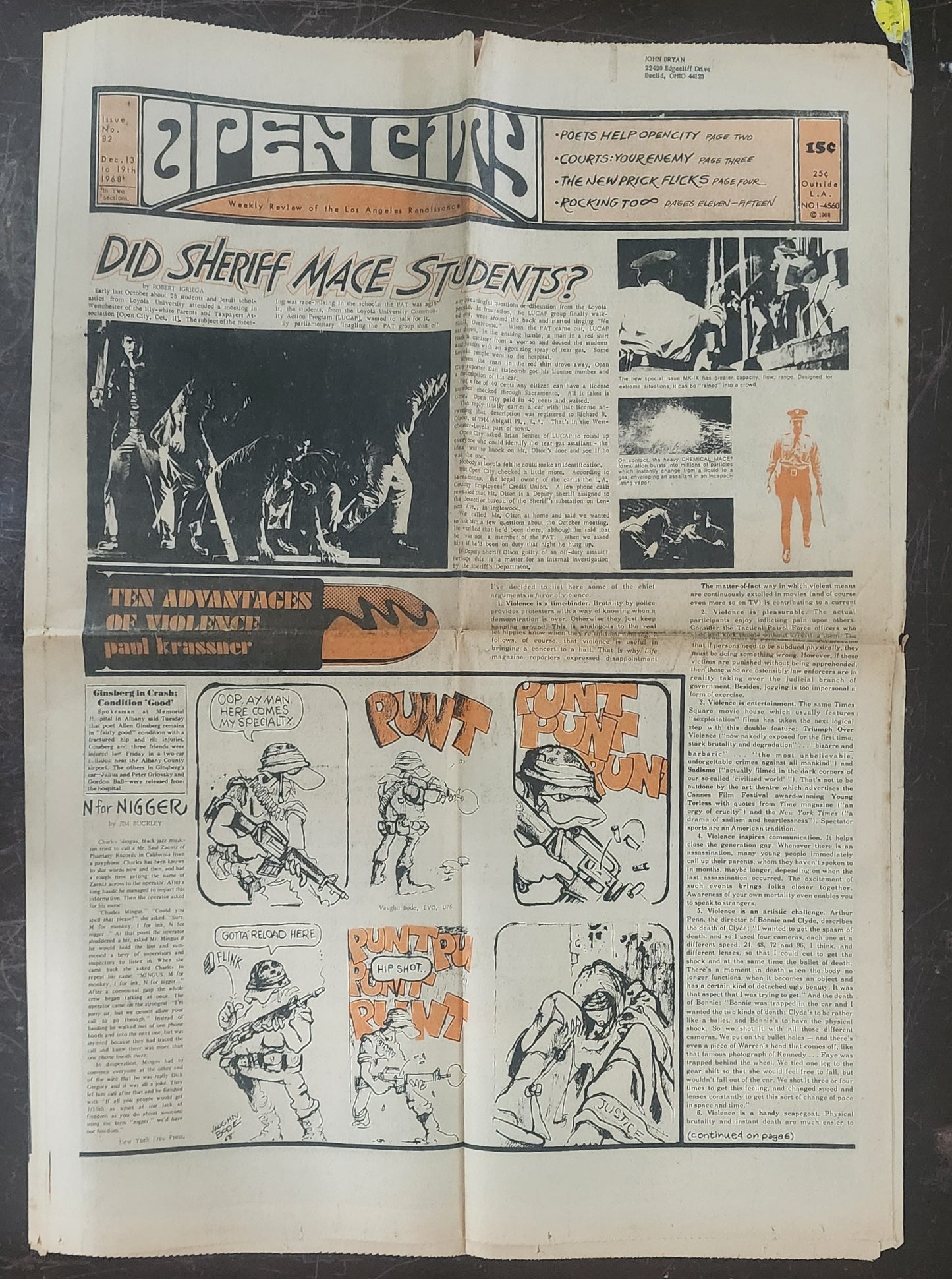OPEN CITY No. 82, Dec. 13–19, 1968 — Bukowski at the Races, Poets Fight Back Benefit, Ad for The Doors at the LA Forum, Mothers of Invention, Creedence Clearwater Revival