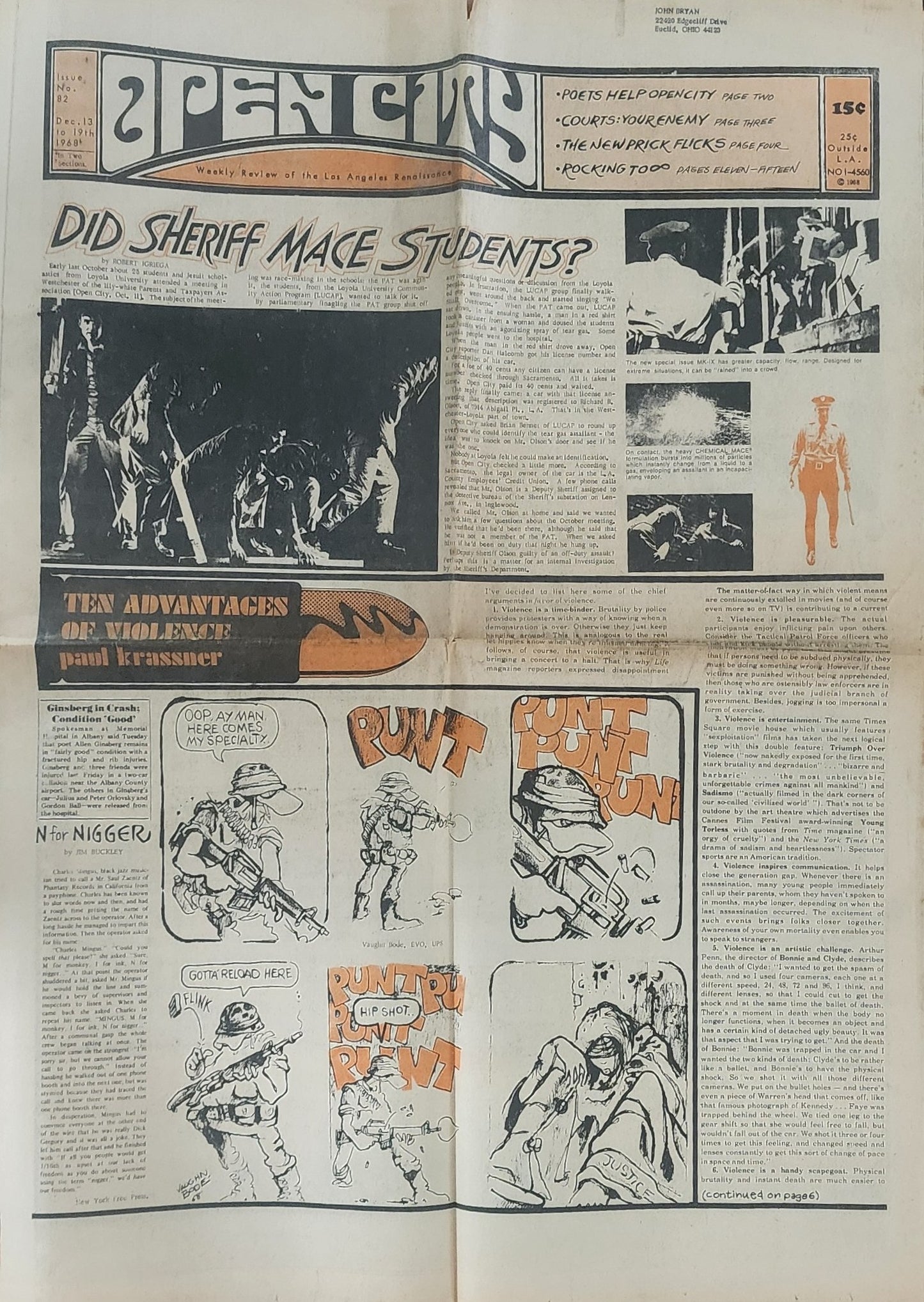 OPEN CITY No. 82, Dec. 13–19, 1968 — Bukowski at the Races, Poets Fight Back Benefit, Ad for The Doors at the LA Forum, Mothers of Invention, Creedence Clearwater Revival