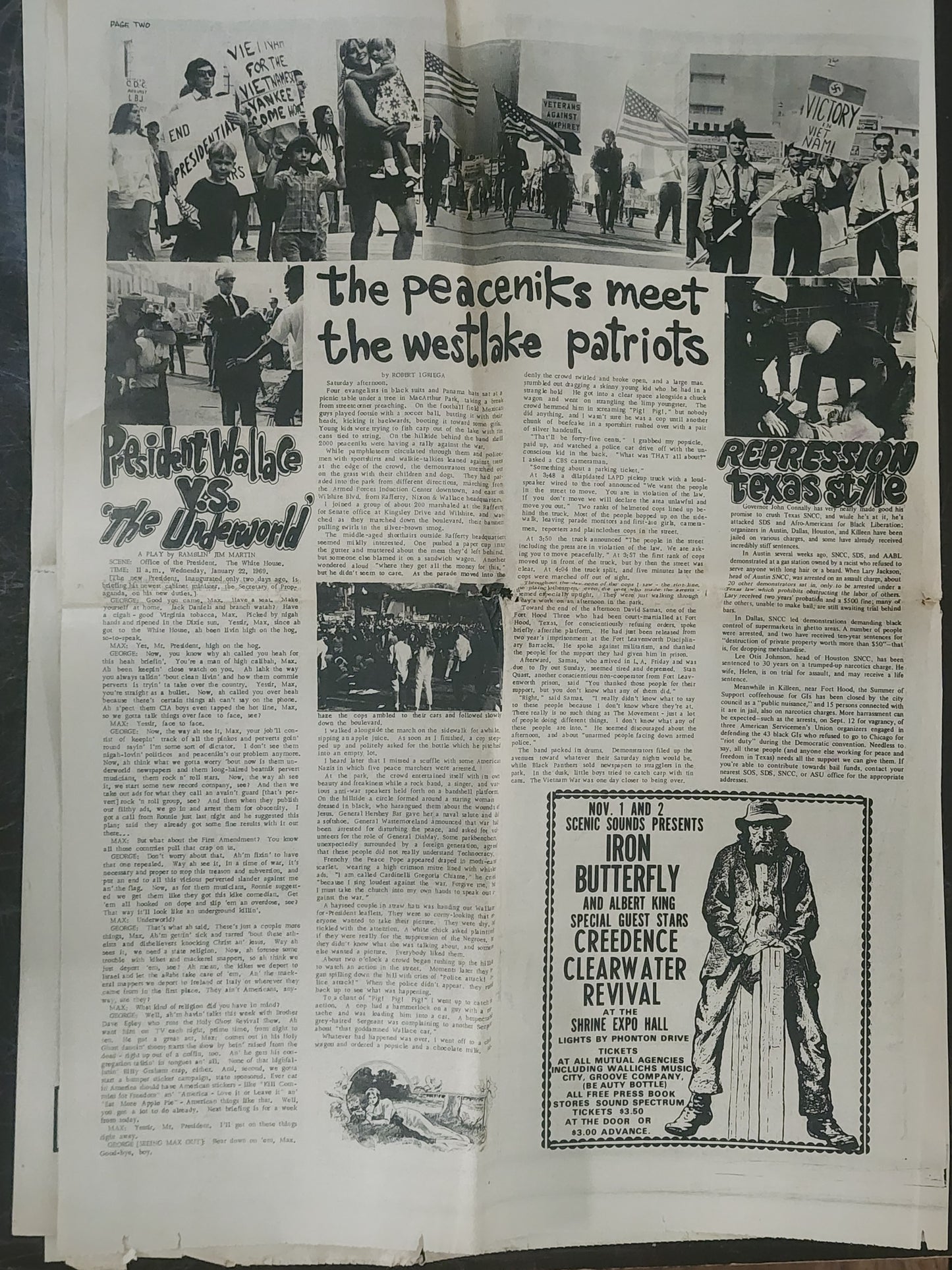 OPEN CITY No. 76, Nov. 1–7, 1968 — Wallace Inaugural Issue, Peaceniks vs. Westlake Patriots, Bukowski Interrogated by Agents, Iron Butterfly and Creedence Clearwater Revival at the Shrine Expo Hall, Film and Dance Orgy Benefit for Open City Defense Fund