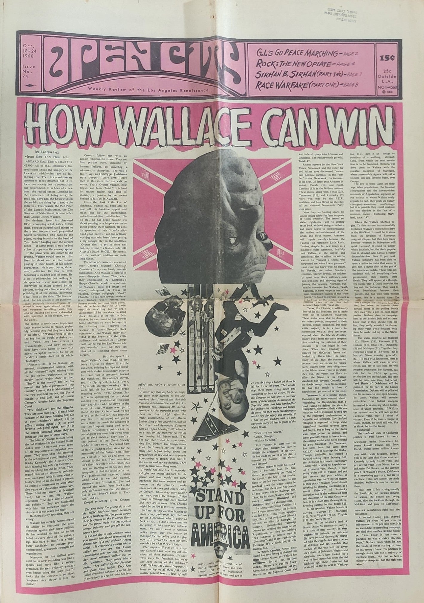 OPEN CITY No. 74, Oct. 18–24, 1968 — Bukowski on First Wife Barbara Frye, How Wallace Can Win; Sirhan Bishara Sirhan Part 2; Biff Rose; In Memory of Florence Beaumont