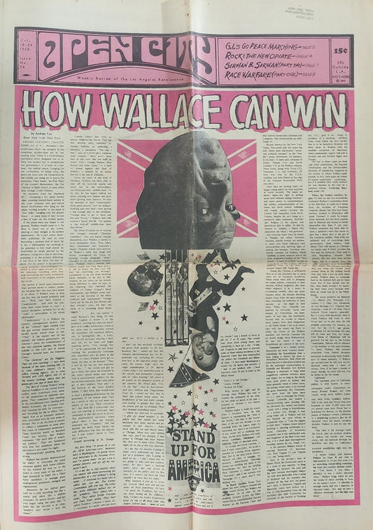OPEN CITY No. 74, Oct. 18–24, 1968 — Bukowski on First Wife Barbara Frye, How Wallace Can Win; Sirhan Bishara Sirhan Part 2; Biff Rose; In Memory of Florence Beaumont