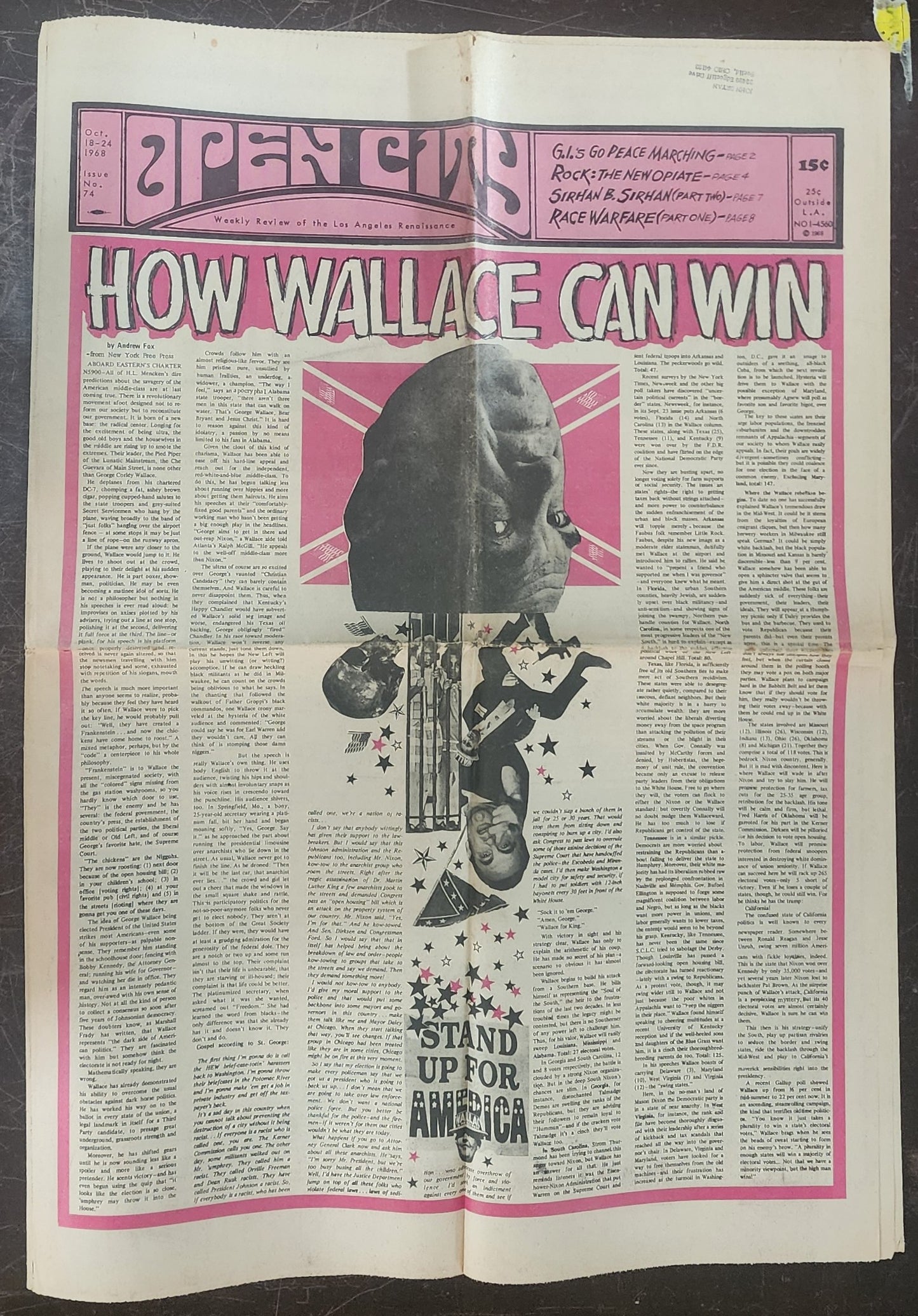 OPEN CITY No. 74, Oct. 18–24, 1968 — Bukowski on First Wife Barbara Frye, How Wallace Can Win; Sirhan Bishara Sirhan Part 2; Biff Rose; In Memory of Florence Beaumont
