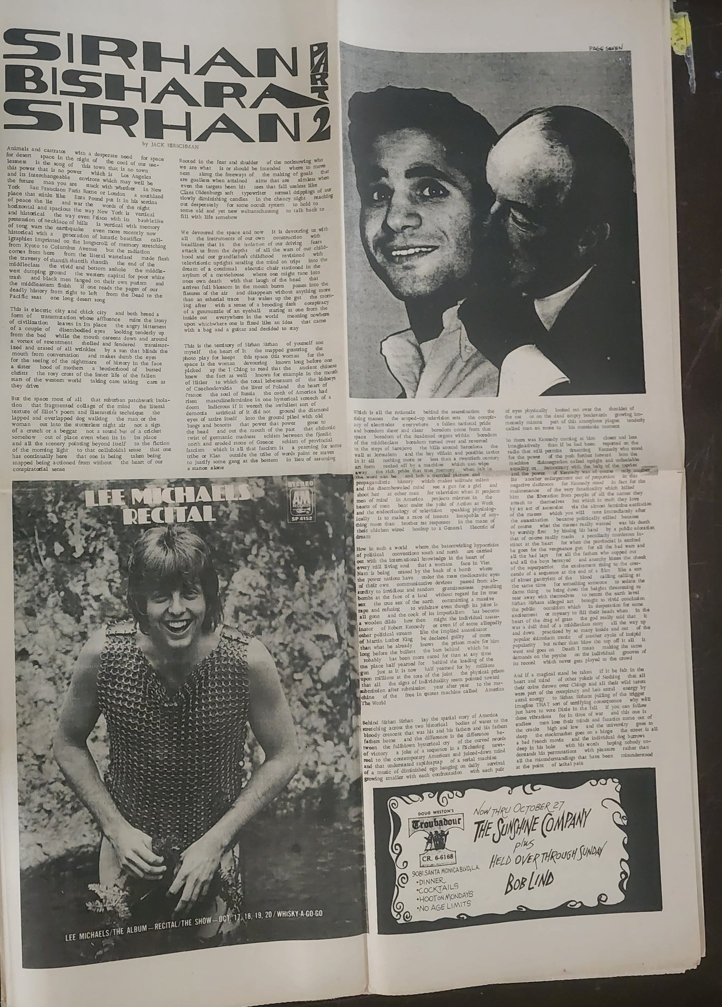 OPEN CITY No. 74, Oct. 18–24, 1968 — Bukowski on First Wife Barbara Frye, How Wallace Can Win; Sirhan Bishara Sirhan Part 2; Biff Rose; In Memory of Florence Beaumont