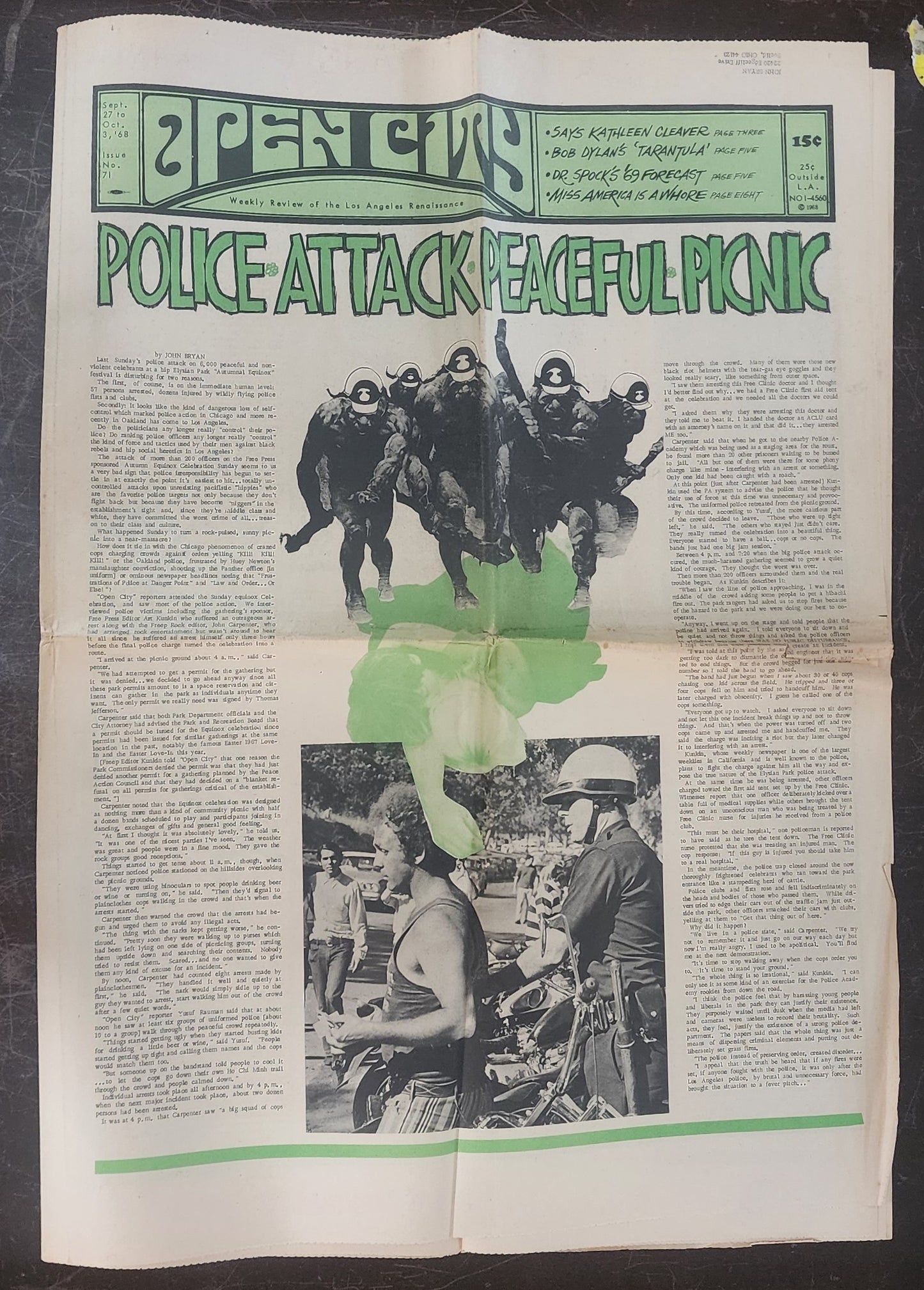 OPEN CITY No. 71, Sept. 27–Oct. 3, 1968 — Bukowski Notes, Bob Dylan's Tarantula, Dr. Spock on Nixon, Police Attack Elysian Park, Procol Harum