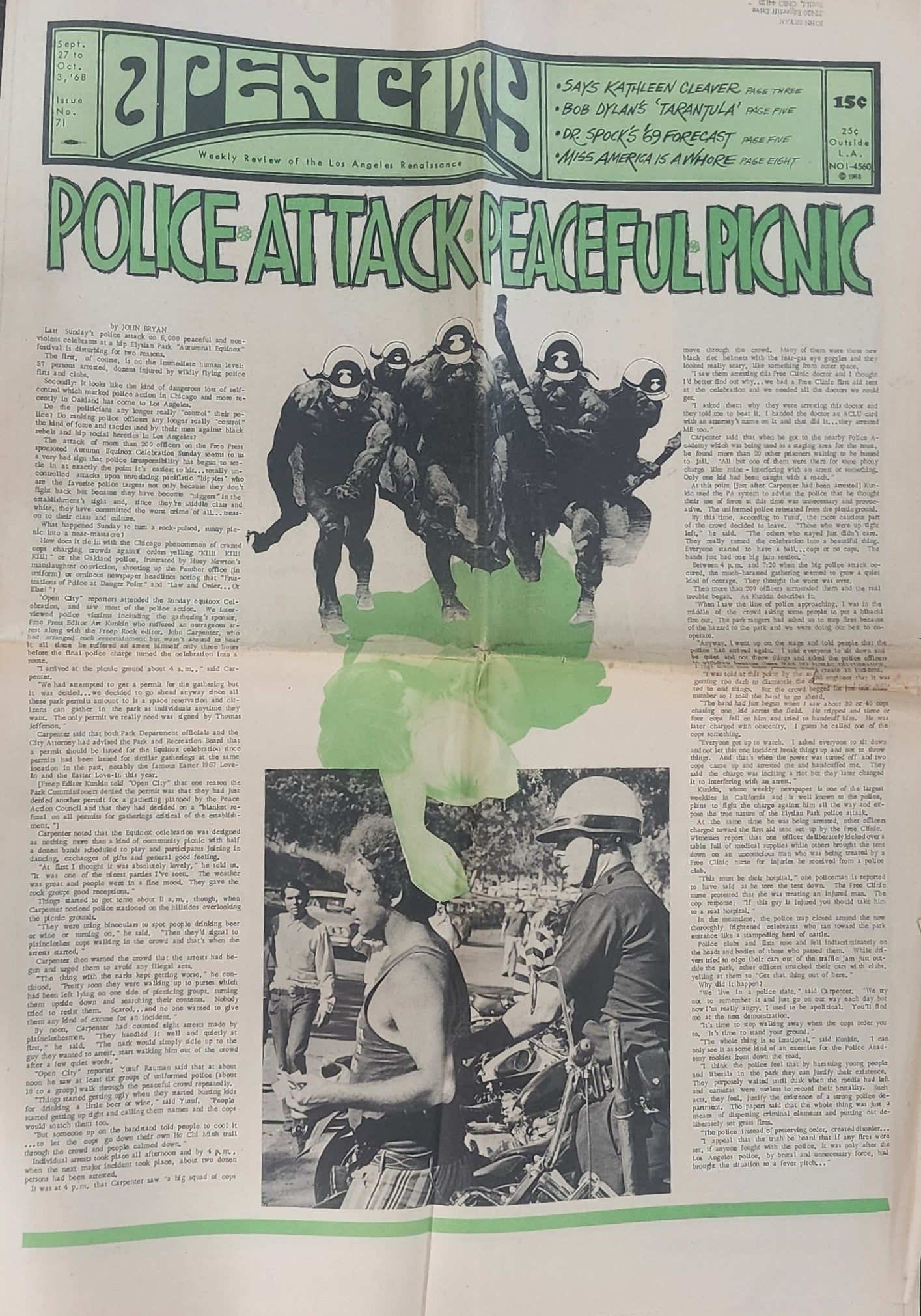 OPEN CITY No. 71, Sept. 27–Oct. 3, 1968 — Bukowski Notes, Bob Dylan's Tarantula, Dr. Spock on Nixon, Police Attack Elysian Park, Procol Harum