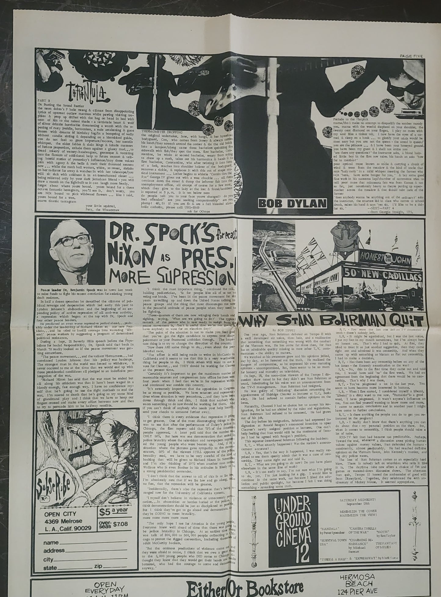 OPEN CITY No. 71, Sept. 27–Oct. 3, 1968 — Bukowski Notes, Bob Dylan's Tarantula, Dr. Spock on Nixon, Police Attack Elysian Park, Procol Harum