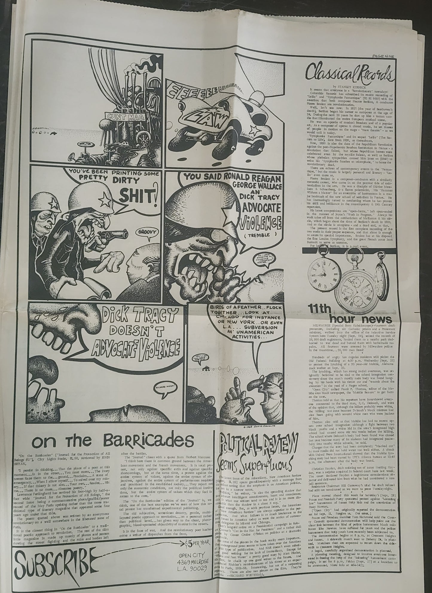 OPEN CITY No. 71, Sept. 27–Oct. 3, 1968 — Bukowski Notes, Bob Dylan's Tarantula, Dr. Spock on Nixon, Police Attack Elysian Park, Procol Harum
