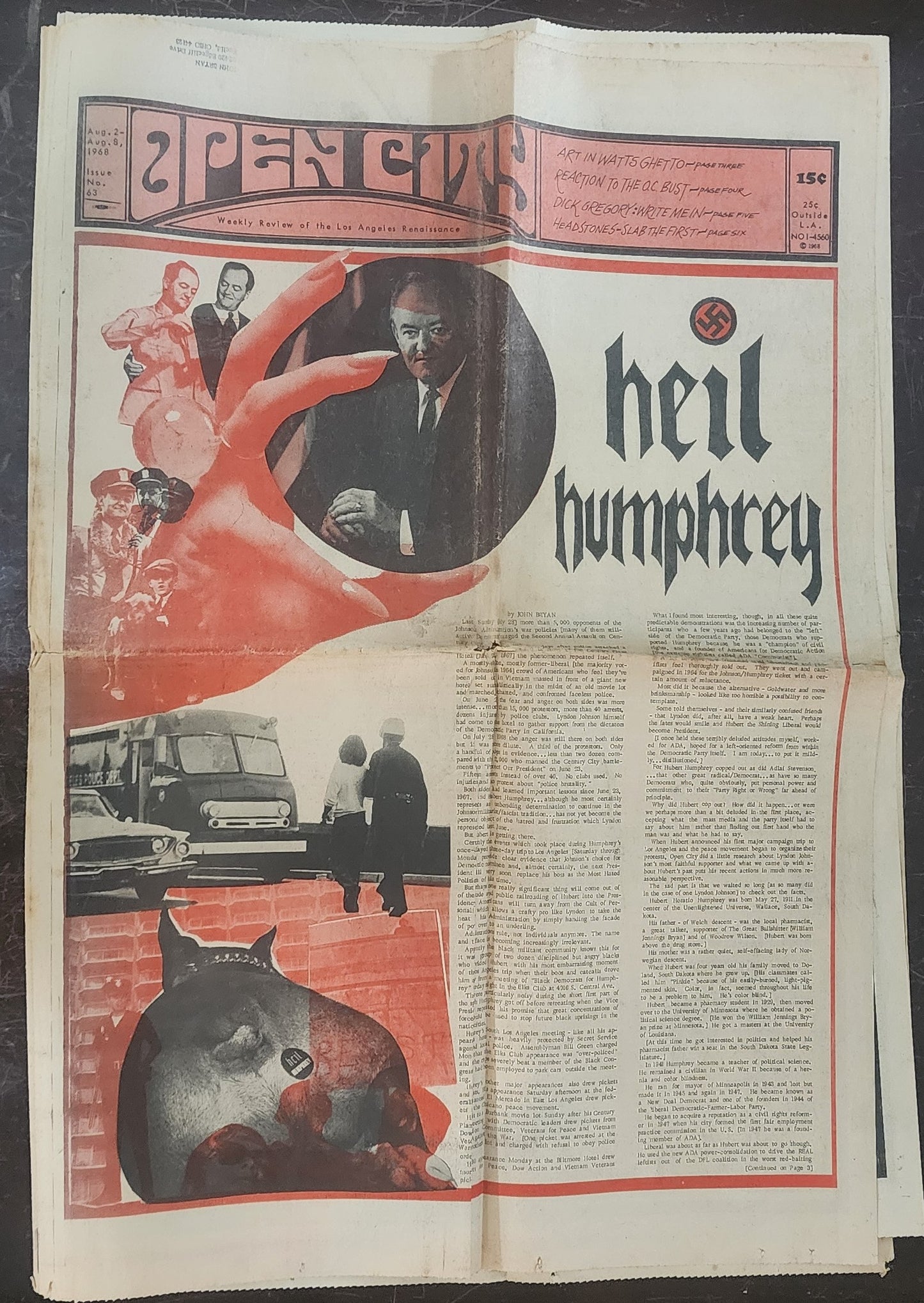 OPEN CITY No. 63, Aug. 2–8, 1968 — Bukowski Notes, Newport Pop Festival, Jefferson Airplane, Grateful Dead, The Byrds, Canned Heat, Heil Humphrey