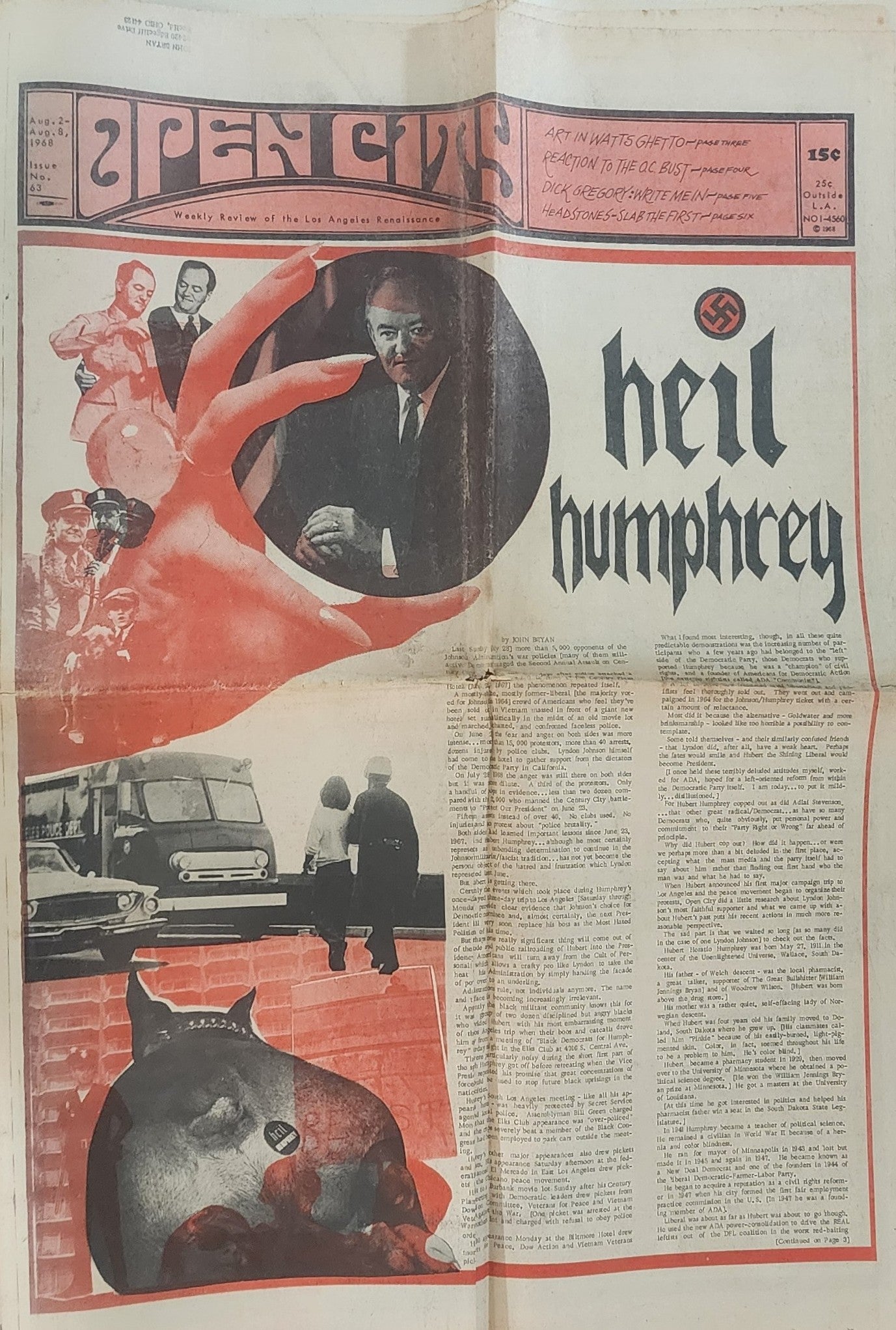 OPEN CITY No. 63, Aug. 2–8, 1968 — Bukowski Notes, Newport Pop Festival, Jefferson Airplane, Grateful Dead, The Byrds, Canned Heat, Heil Humphrey