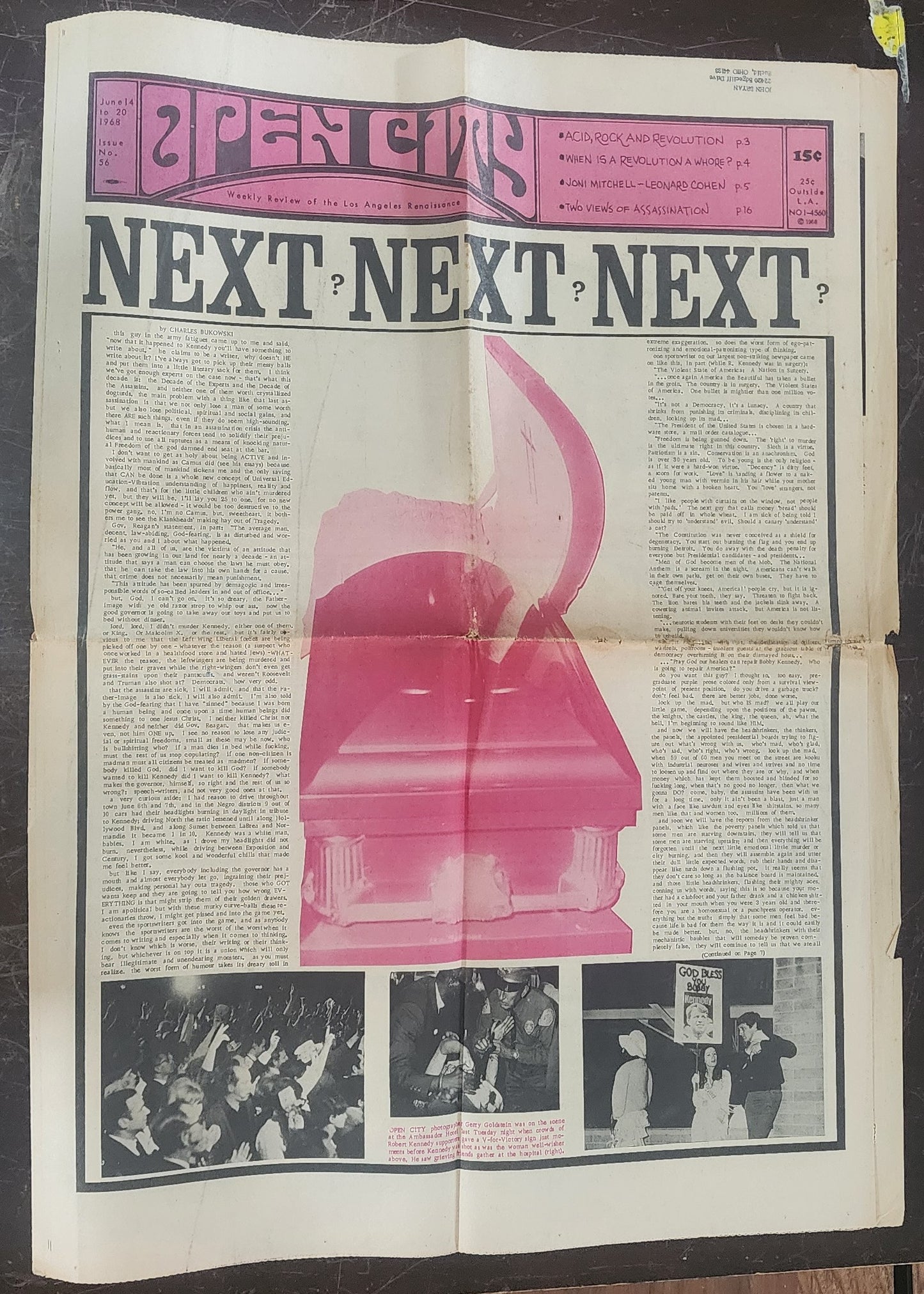 OPEN CITY No. 56, June 14–20, 1968 — Bukowski Front Page on the RFK Assassination, Joni Mitchell, Leonard Cohen, Acid Rock and Revolution