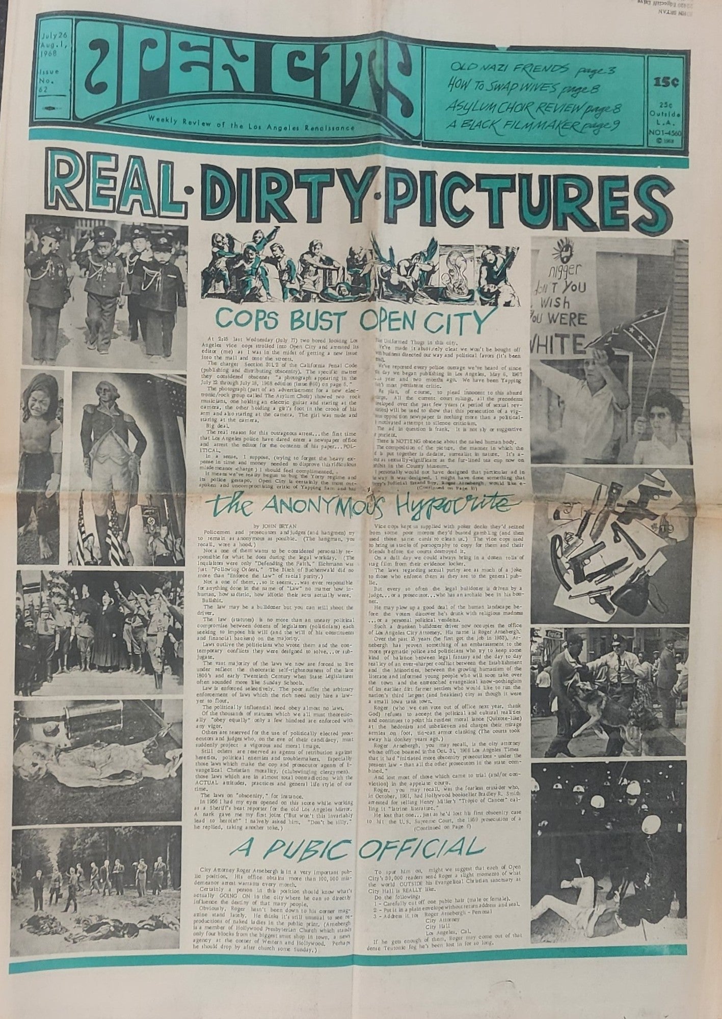 OPEN CITY No. 62, July 26–Aug. 1, 1968 — Bukowski on Neal Cassady, Cops Bust Open City, Pink Floyd, Newport Pop Festival, Richard Pryor