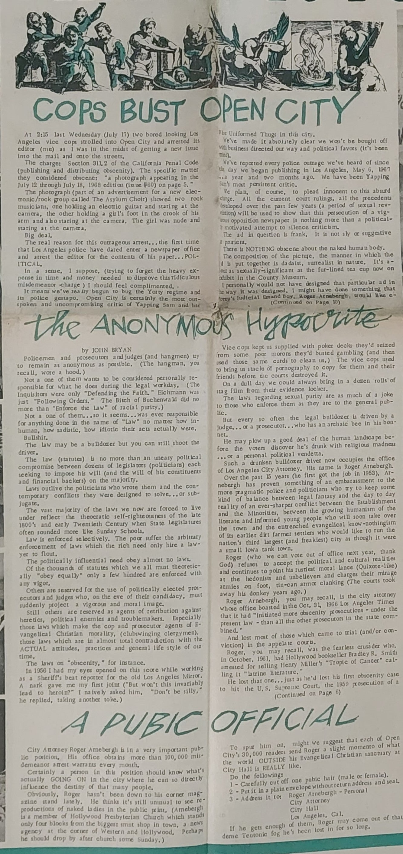 OPEN CITY No. 62, July 26–Aug. 1, 1968 — Bukowski on Neal Cassady, Cops Bust Open City, Pink Floyd, Newport Pop Festival, Richard Pryor