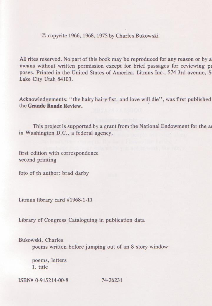 Poems Written before Jumping Out of an 8 Story Window: Signed by Bukowski
