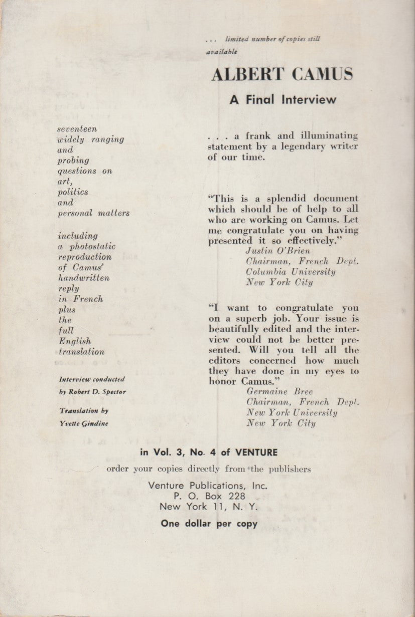 Venture V4 No1 -- Early (1961) Uncollected Charles Bukowski Poem and rare Willard Manus