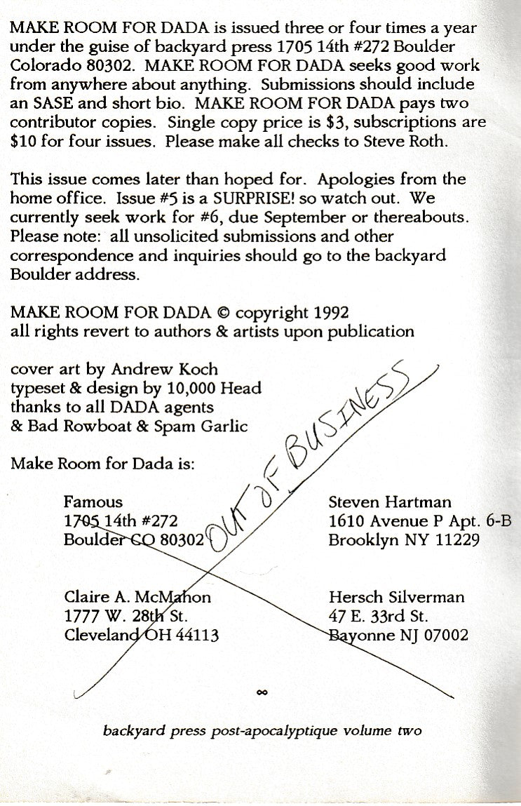 Make Room For DADA No. 4 -- Two First Appearance Poems by Charles Bukowski (1992)