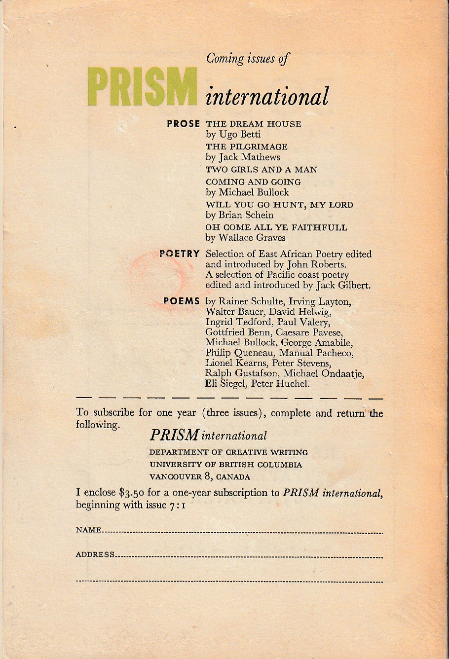 Prism International Vol. 6, No. 3 -- First Appearance of The Seminar (1967)