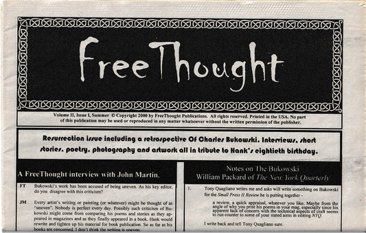 Free Thought Vol. II, Issue I -- Charles Bukowski 80th “Resurrection” Issue w/ Interviews, Short Stories, Poetry, Photos and Artwork (2000)