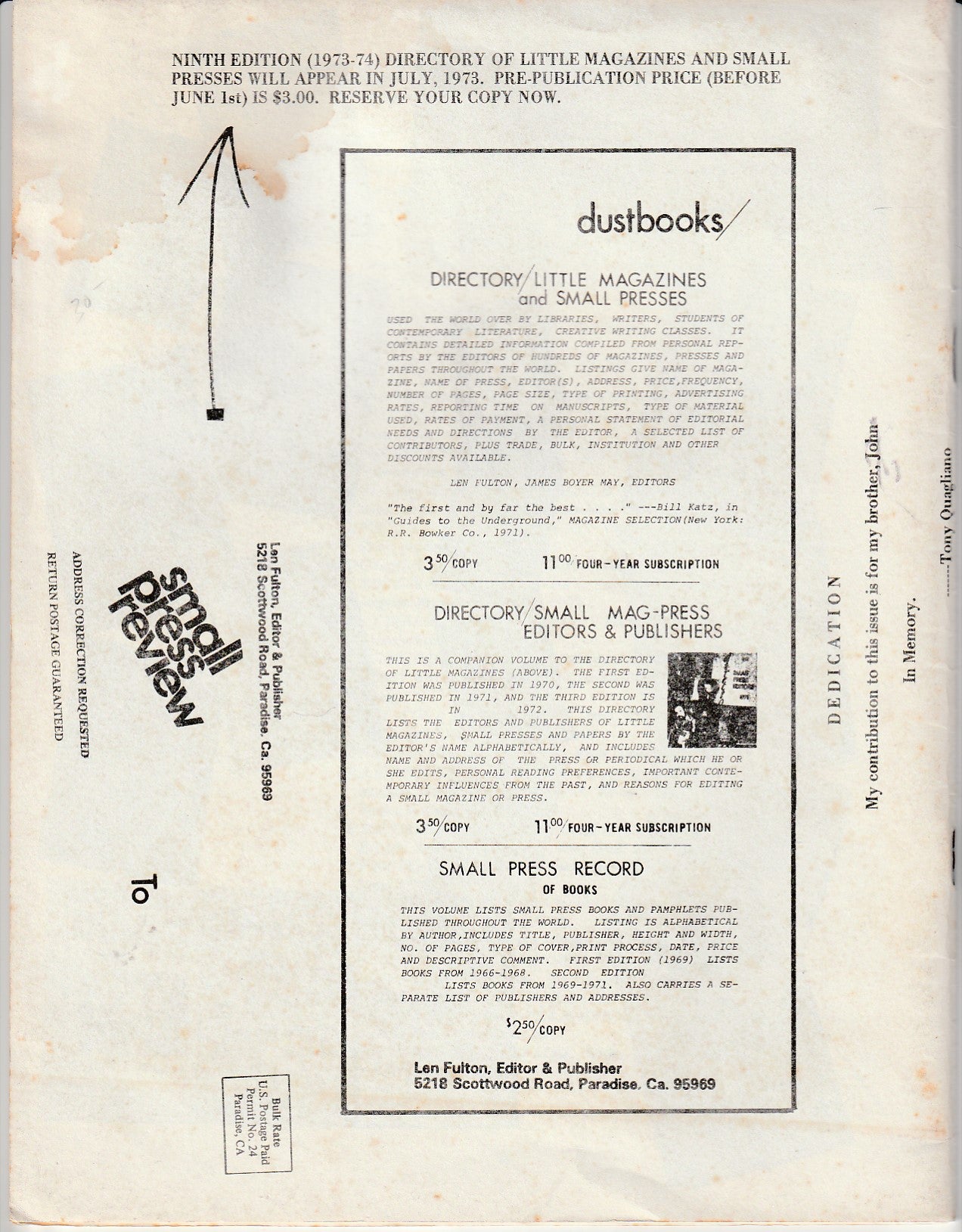 Small Press Review Vol. 4, No. -- Special Bukowski issue with Articles, Interviews, and Photos (1973)