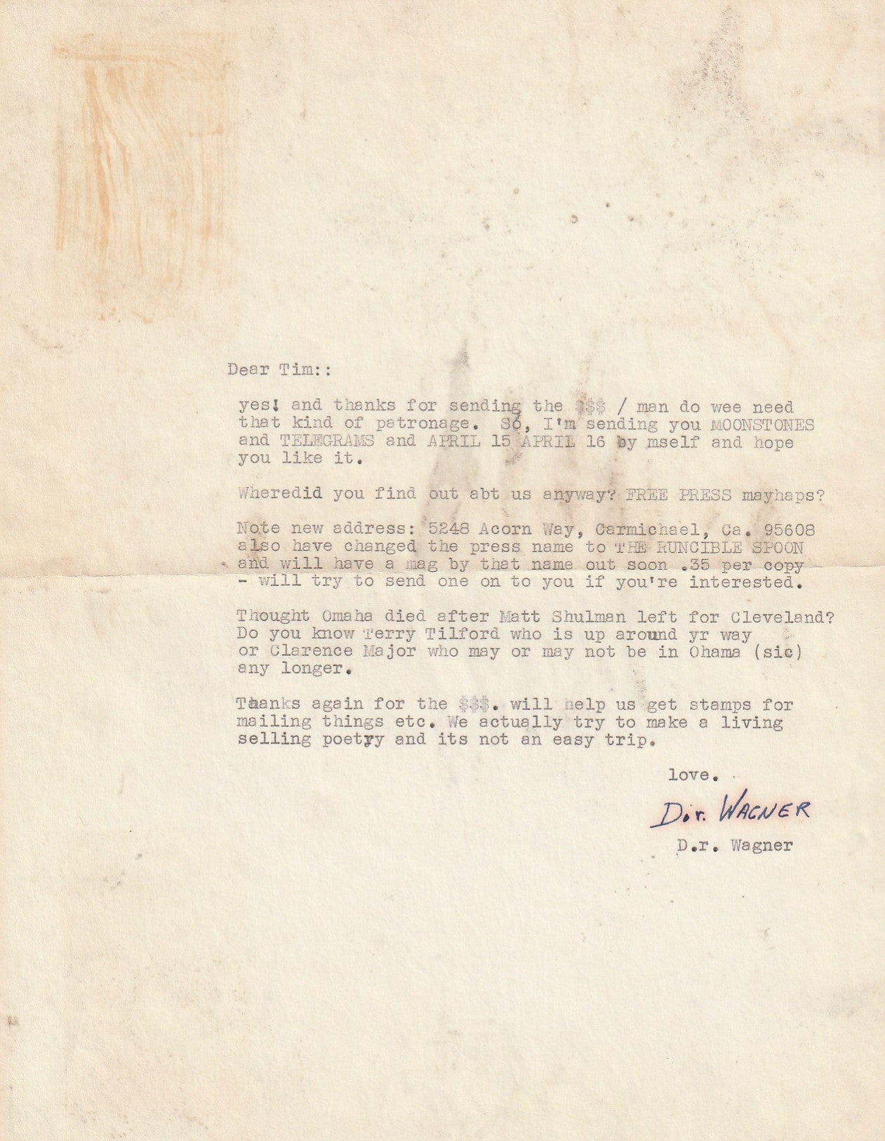 Moonstones No. 2 -- D.R. Wagner Signed Letter, One Uncollected Poem by Charles Bukowski (1966)