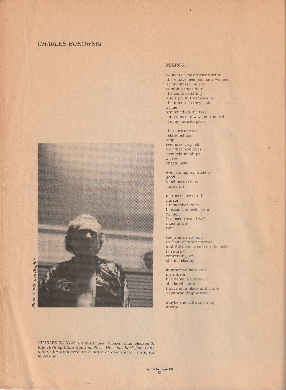 Beyond Baroque Vol. 10, No. 2 -- One Uncollected, One First Appearance Poem by Charles Bukowski (1979)