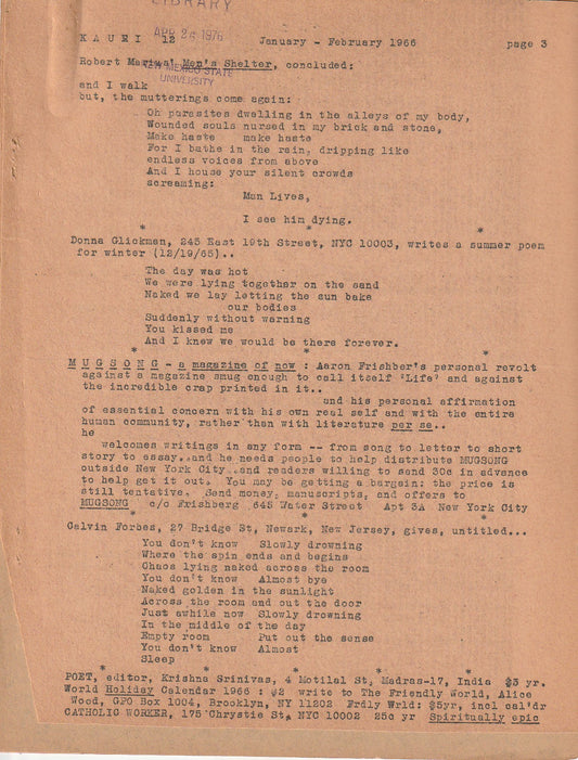 Kauri No. 12 -- Letter to the Editor Referencing Charles Bukowski (1966)