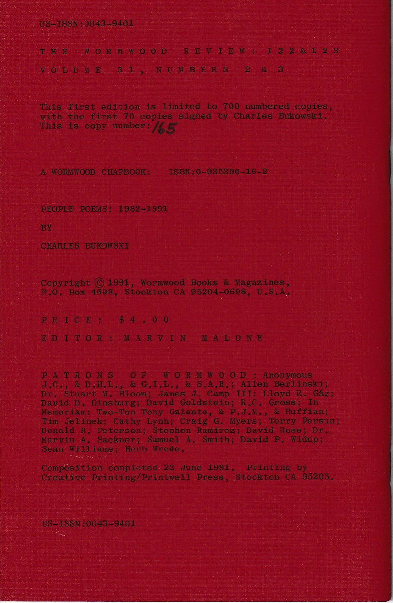 Wormwood Review 122/123 #165/700 -- Charles Bukowski Chapbook People Poems, 43 Poems, Five Uncollected (1991)